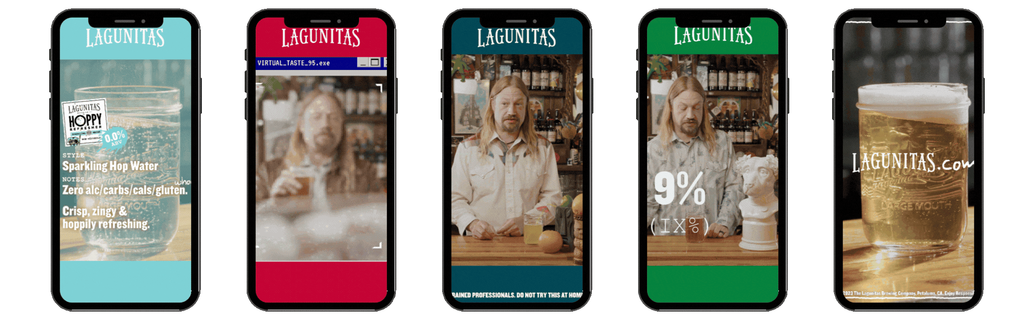 iPhone carousel of GIFs featuring social snippets from the Lagunitas video series, produced by Fieldborn Creative.