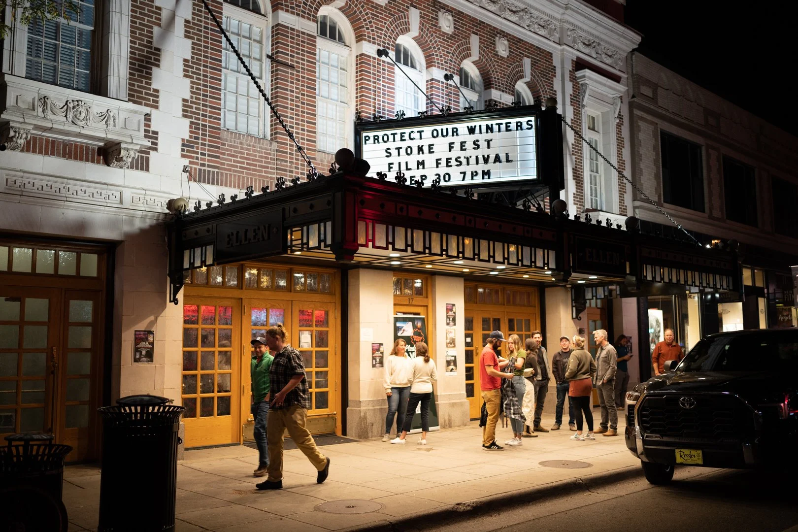 Entryway to the theater at Protect Our Winters StokeFest film release in Bozeman, Montana, photographed by Jake Burchmore.