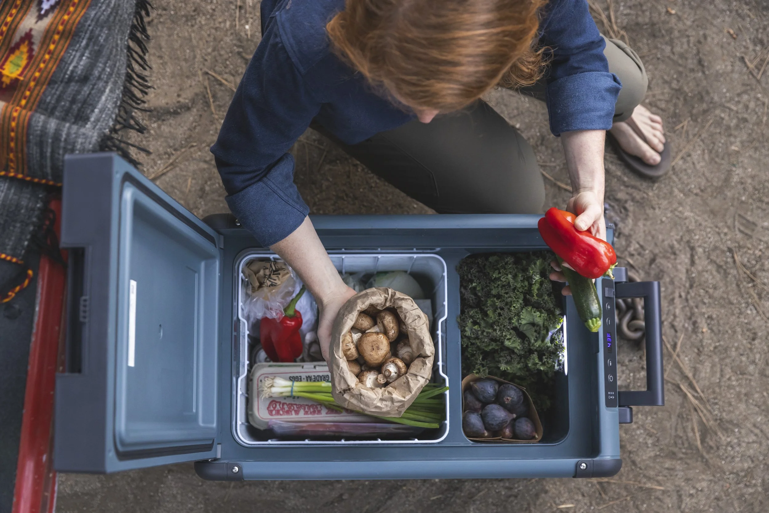 Overhead view of a person packing fresh vegetables—including red bell peppers, mushrooms, kale, purple plums, and green onions—into a cooler, photographed by Fieldborn Creative.