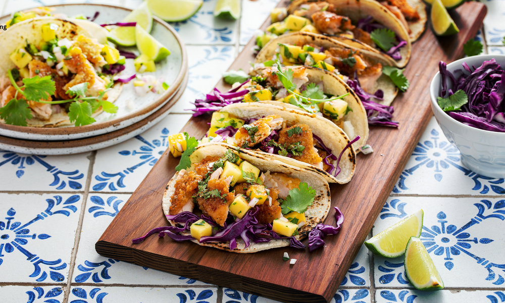Blackened Salmon Tacos with Mango Slaw