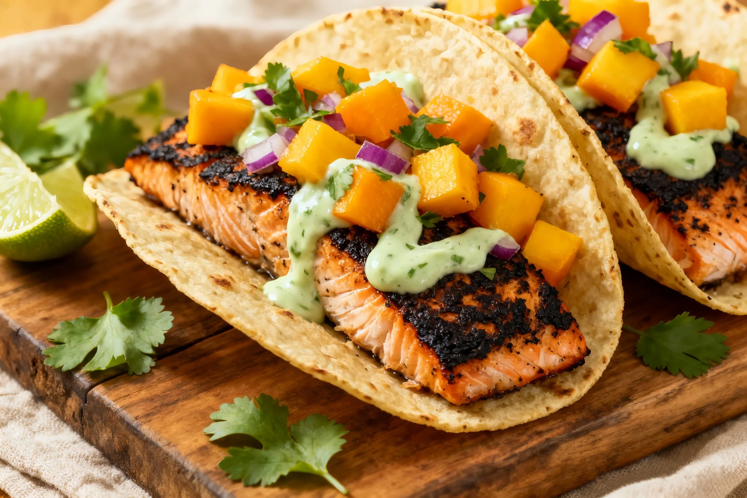 Blackened Salmon Tacos with Mango Slaw
