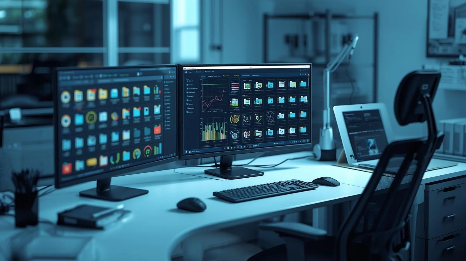 Office workspace with dual computer monitors displaying data analytics and graphs, a keyboard, mouse, tablet, and ergonomic chair, in a modern office environment.