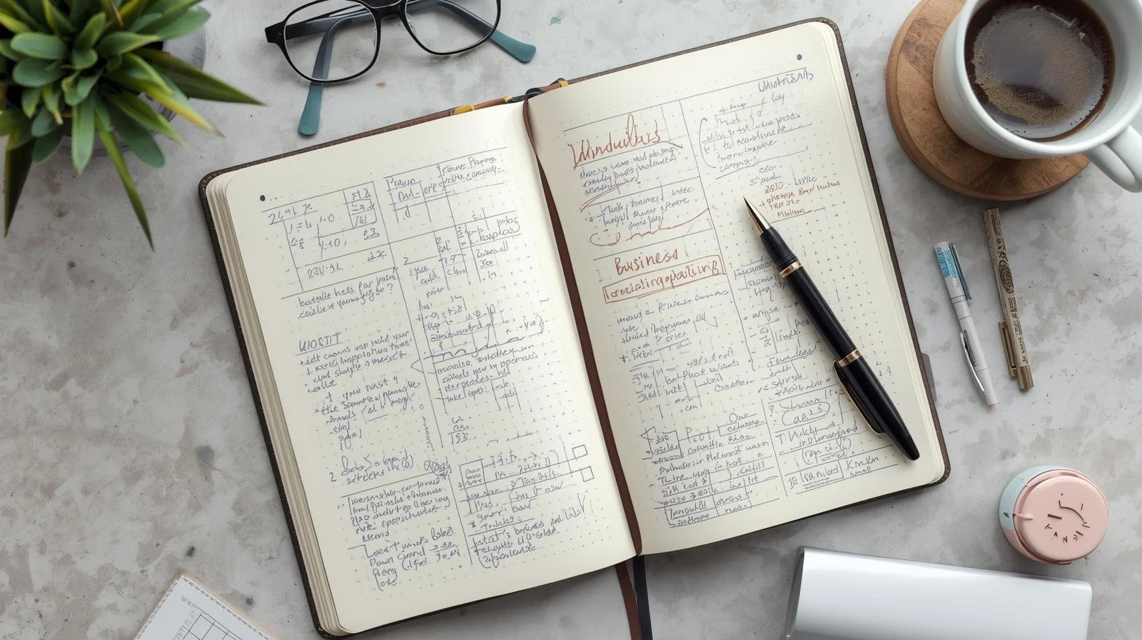 Open notebook with handwritten notes and sketches on dotted pages, a black fountain pen, glasses, a white mug of coffee, a potted plant, and pens on a marble surface.