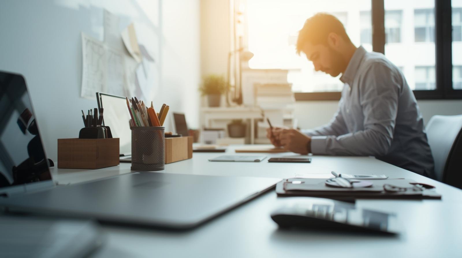 Young man working at his desk with papers, folders, and office supplies in an modern, sunny office.
