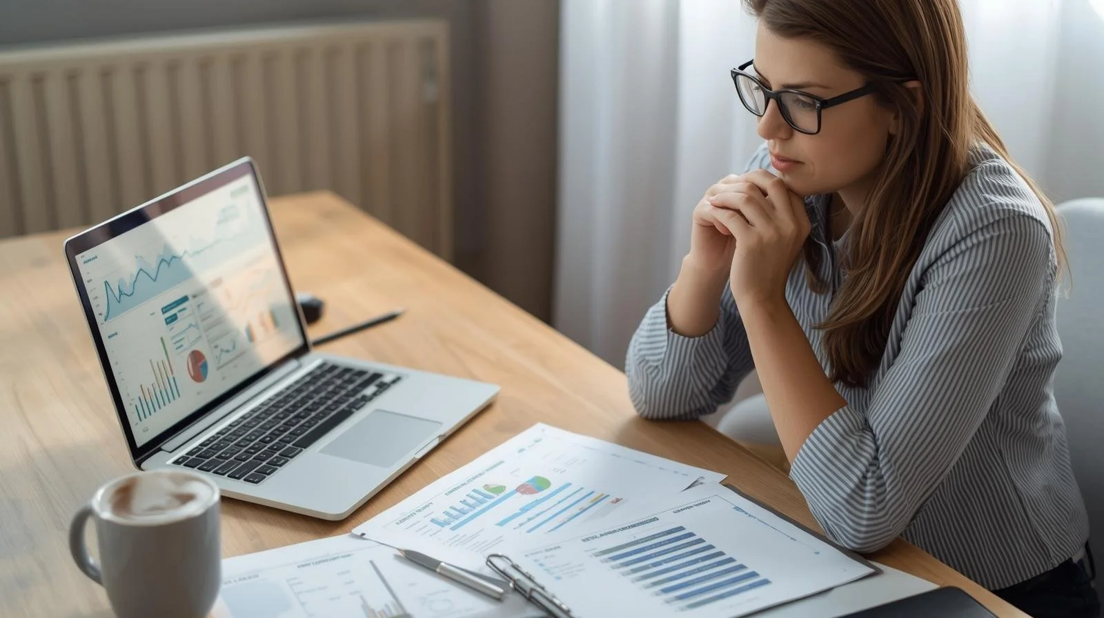 Small business owner reviewing admin reports and digital workflows on laptop, representing business systems support and IT services in Manchester.