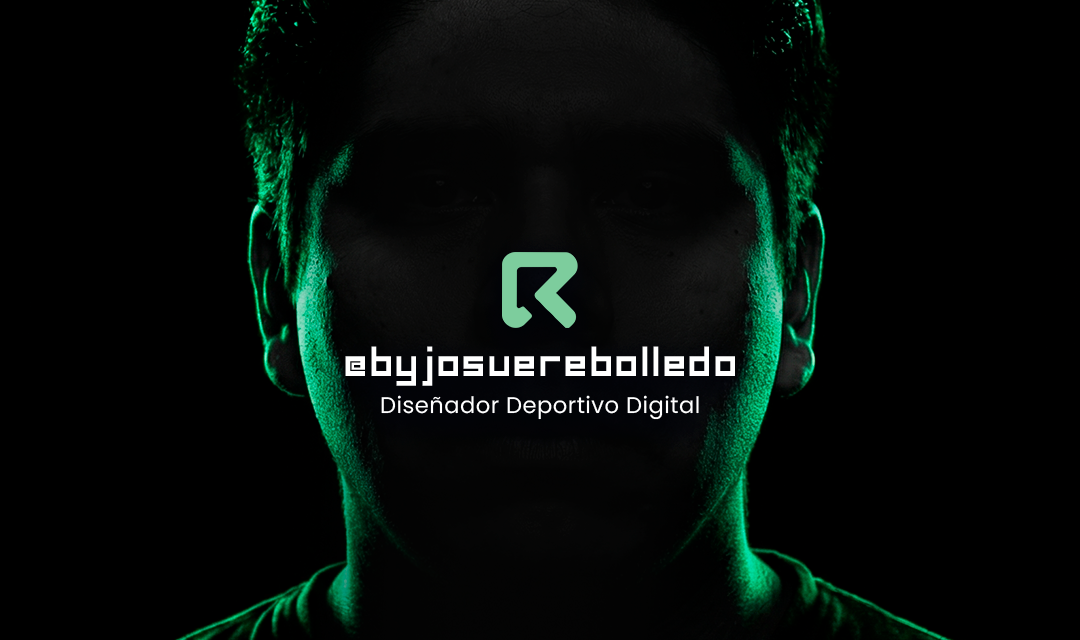 Retrato en silueta de un hombre con iluminación verde en un fondo negro, con texto sobrepuesto que dice '@bijosuerebollen', 'Diseñador Deportivo Digital' y un logotipo en el centro.