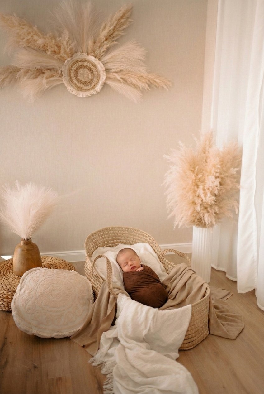 Ein neugeborenes Baby liegt schlafend in einer gepolsterten Wiege, umgeben von neutralen, beige Tönen. Dekorative Trockenblumen in Vasen und an der Wand, samtige Textilien auf dem Boden ergänzen die gemütliche Atmosphäre.