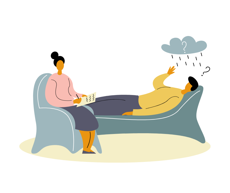 Illustrated image of a therapist talking to a person on a couch with a cloud above their head.