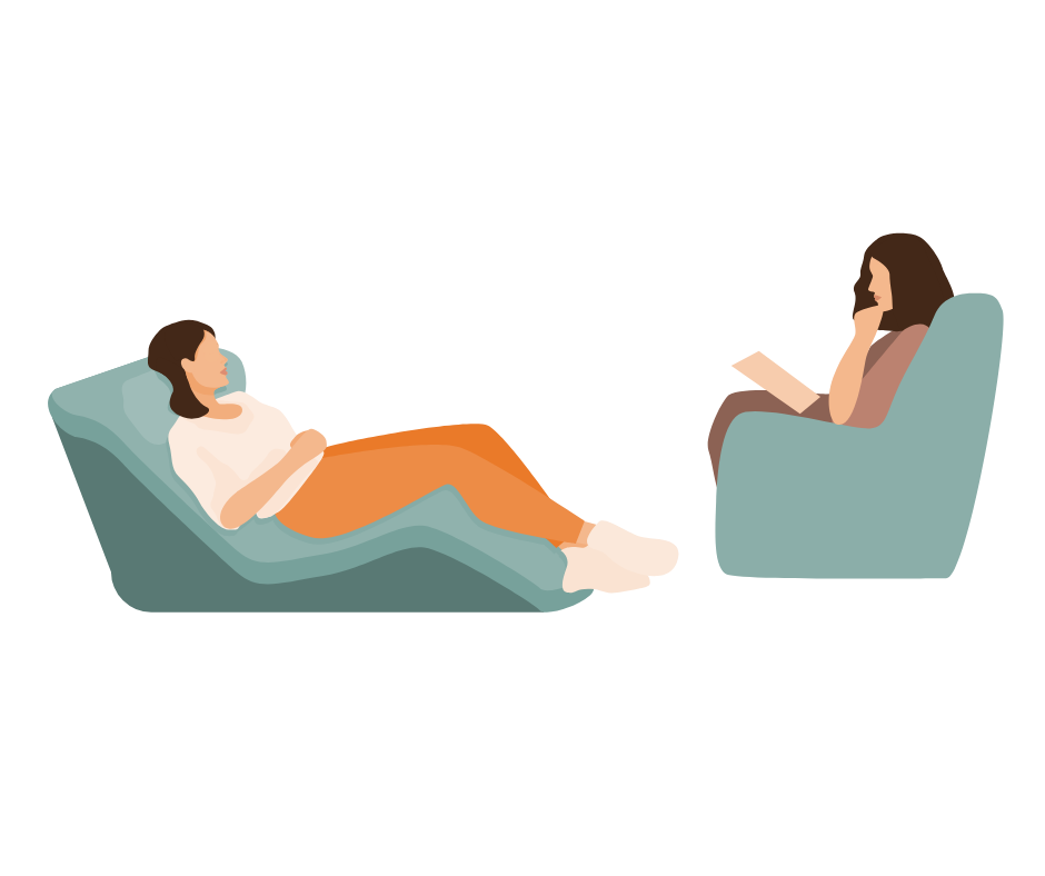 A graphic element of two people sitting in chairs talking at therapy.