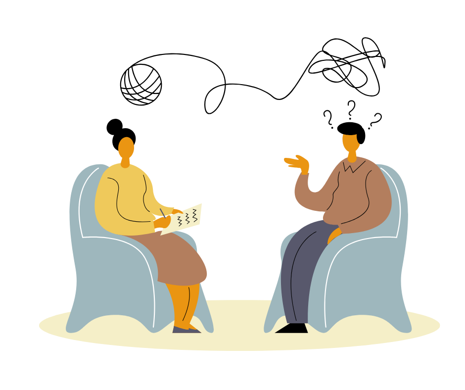 Illustrated graphic of two people talking at therapy.