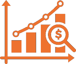 A graph with orange bars and a rising line, a magnifying glass with a dollar sign over the bars.