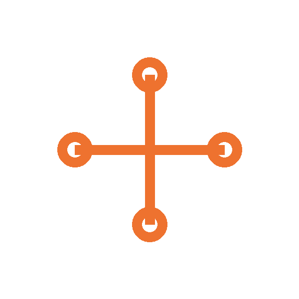 A symbol with a black background showing an orange cross with four hooks, one at each end, resembling a stylized anchor or network diagram.