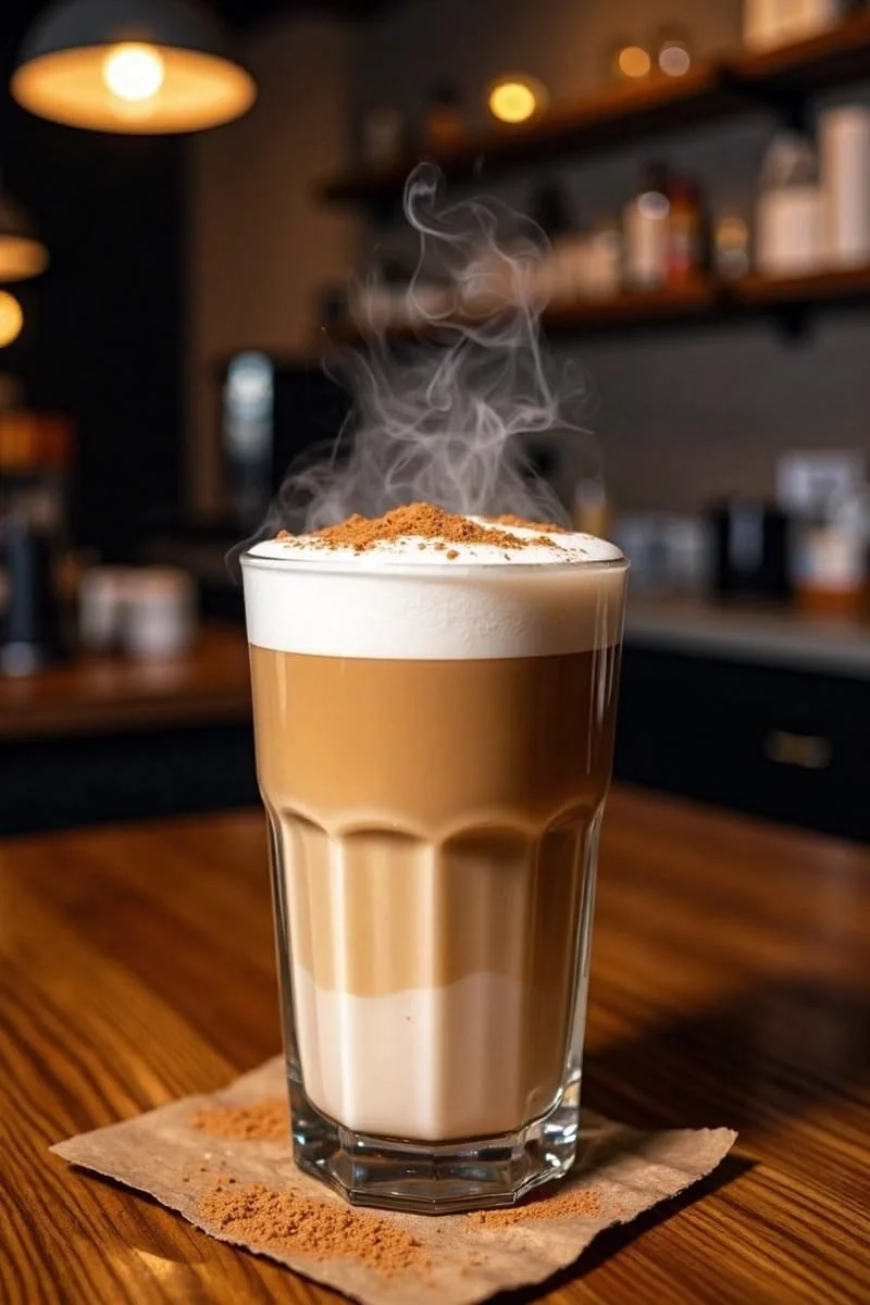 A tall glass of steaming layered coffee beverage with whipped cream and cinnamon on top, placed on a wooden table in a dimly lit cafe.