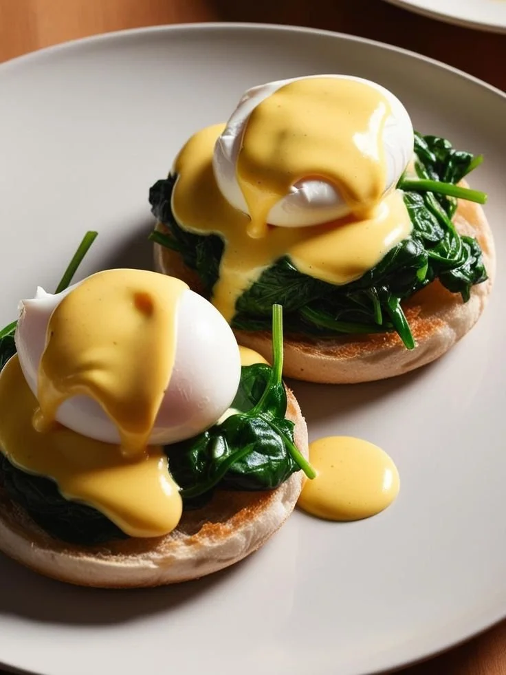 Two eggs benedict with spinach and hollandaise sauce on an English muffin