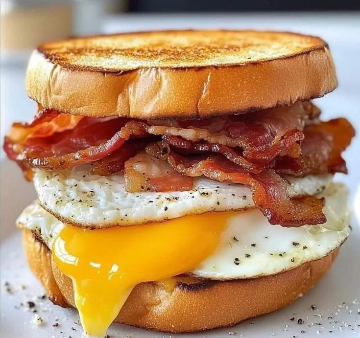 Bacon, fried egg, and sandwich on toasted bun