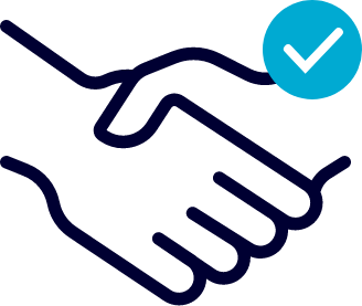 Twee handen die een handshake maken, met een blauw controle-teken ernaast.