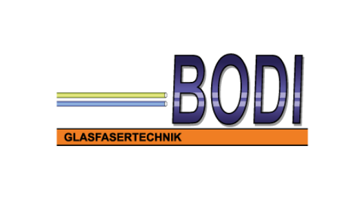 Logo met de tekst BODI en de ondertitel GLASFASERTECHNIEK, met een ontwerp van gekleurde lijnen.