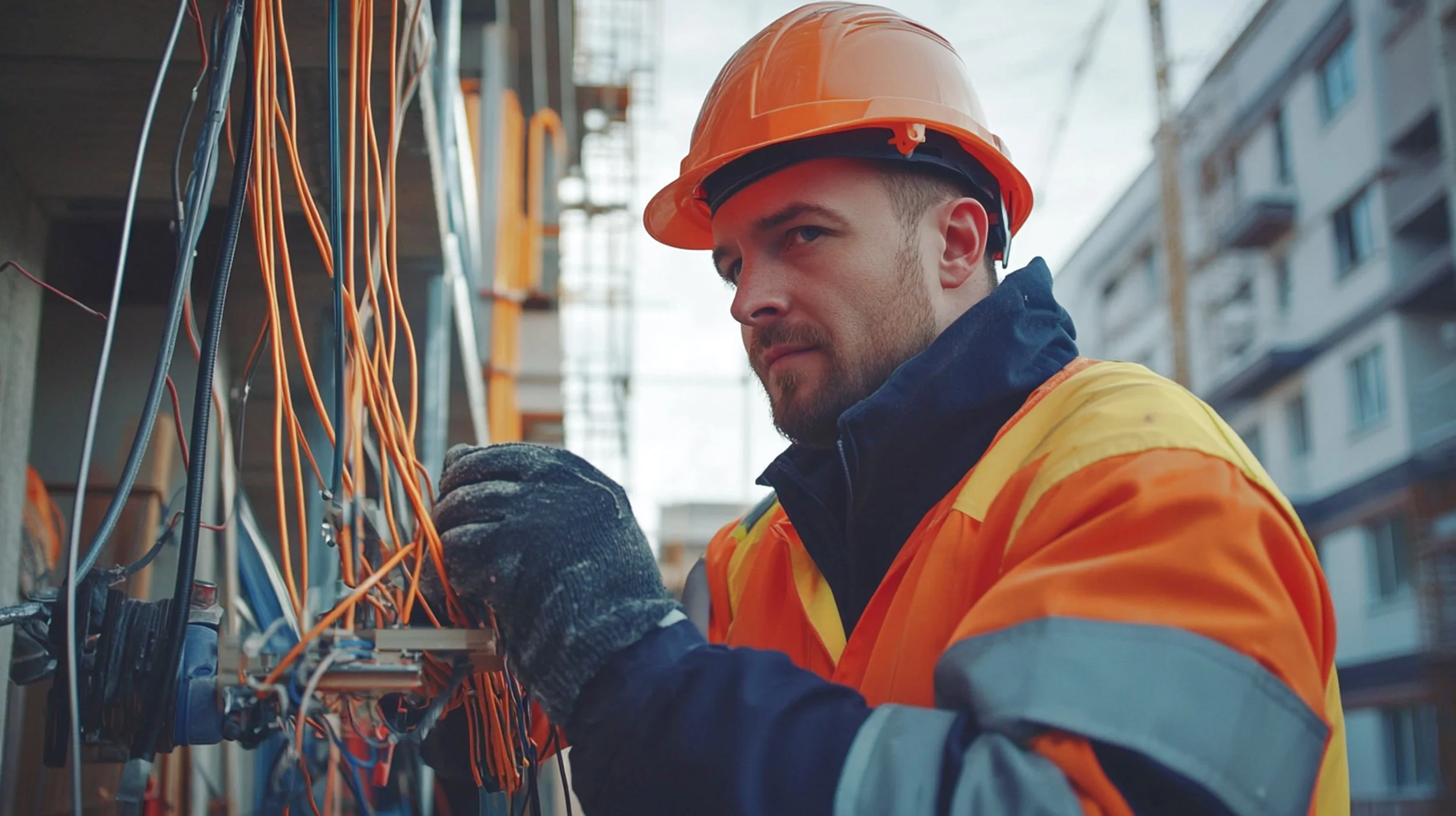 Een man in een oranje veiligheidsjas en helm werkt aan draden en elektrische bedrading op een bouwplaats.