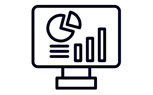 Een beeldscherm met grafieken en diagrammen, zoals een cirkeldiagram en een balkgrafiek, die gegevens en statistieken visualiseren.