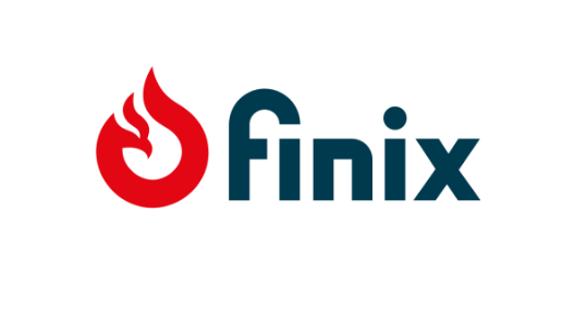 Logo van finix met een rood vlam symbool en de bedrijfsnaam in blauwe letters.