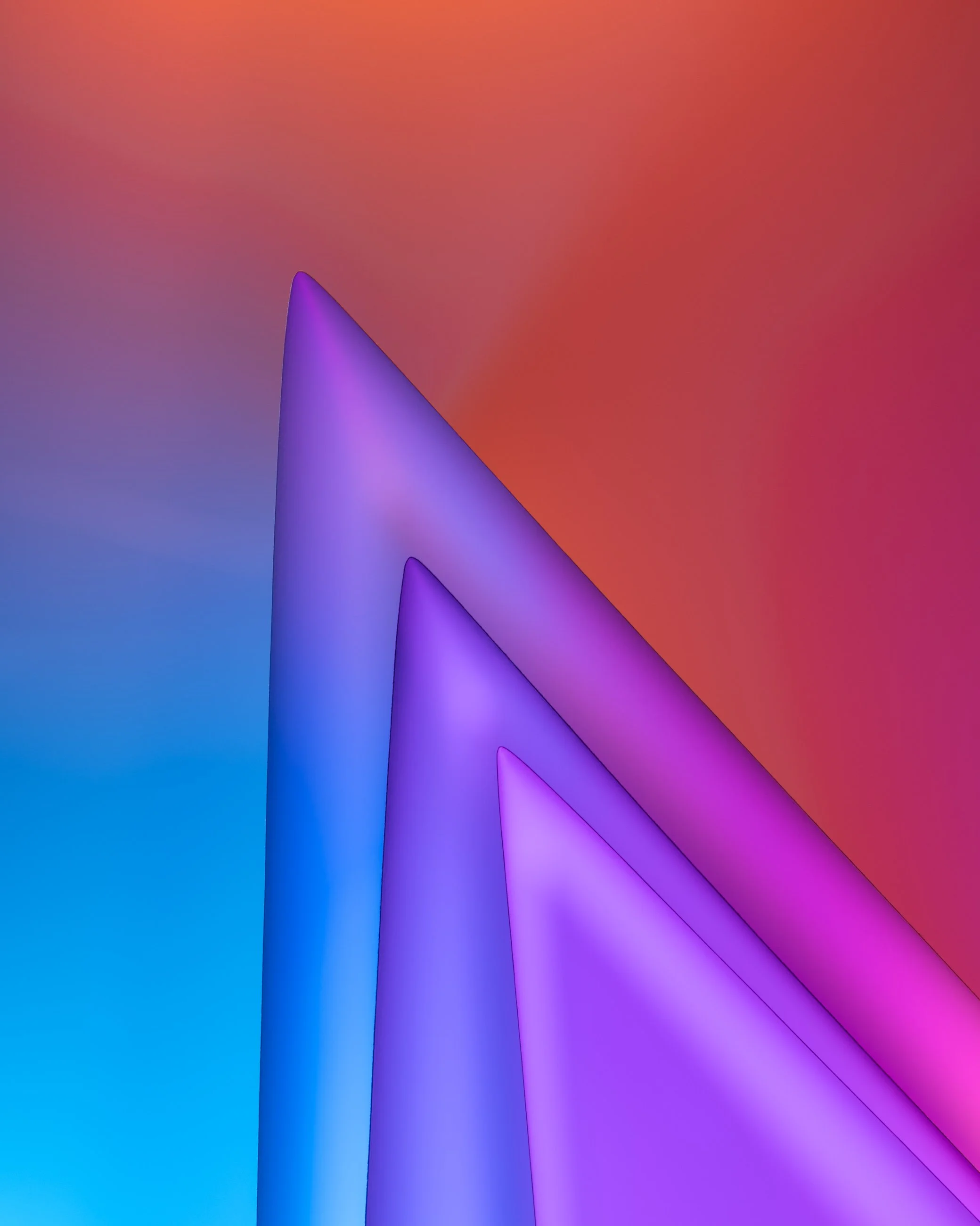 Abstract digital artwork with purple arrow-like shapes on a gradient background of warm colors.