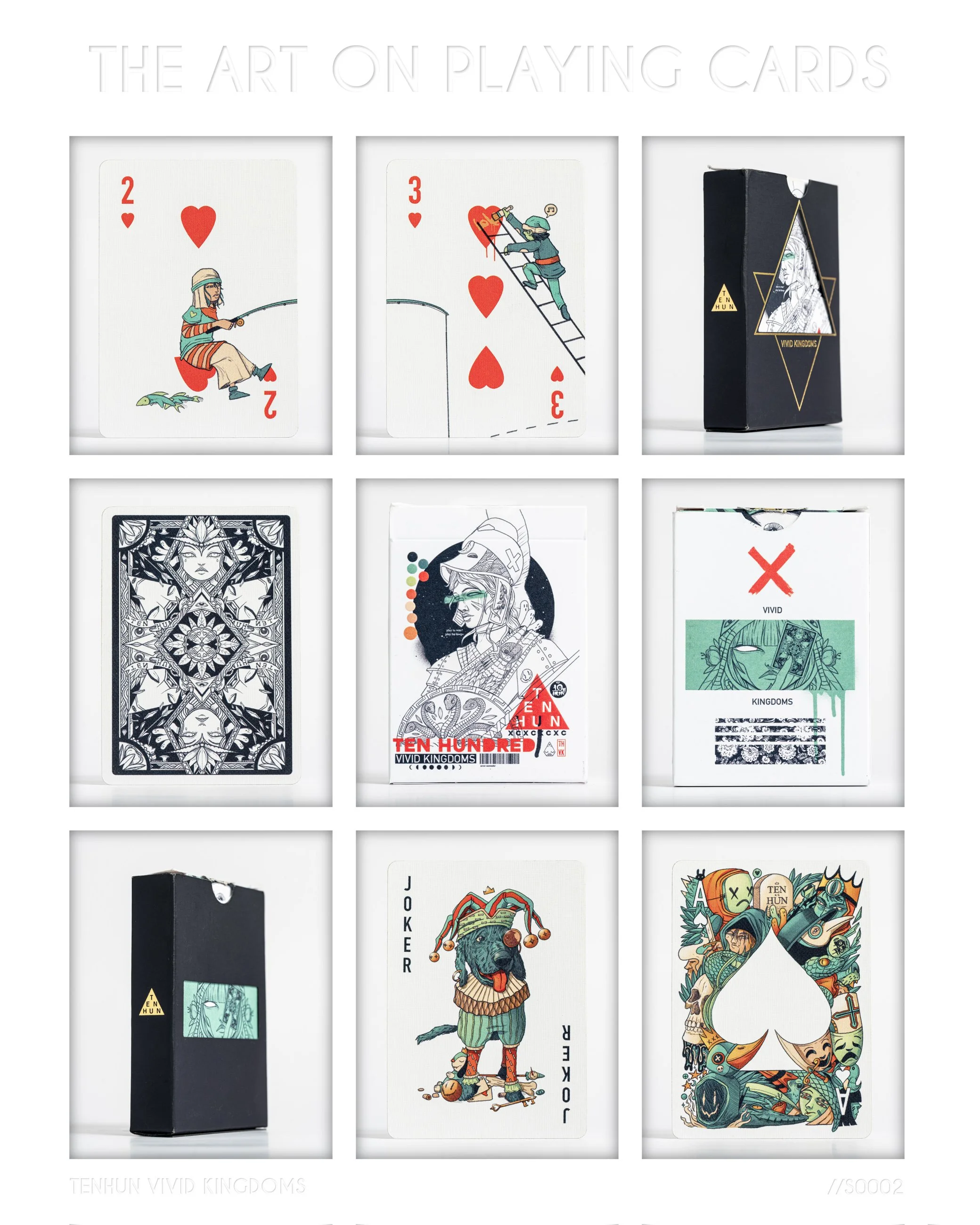 A collection of playing cards and their packaging featuring art inspired by the game Tenhunn Vivid Kingdoms. The cards depict stylized illustrations of characters, a joker, and the ace of spades with intricate designs and vibrant colors.