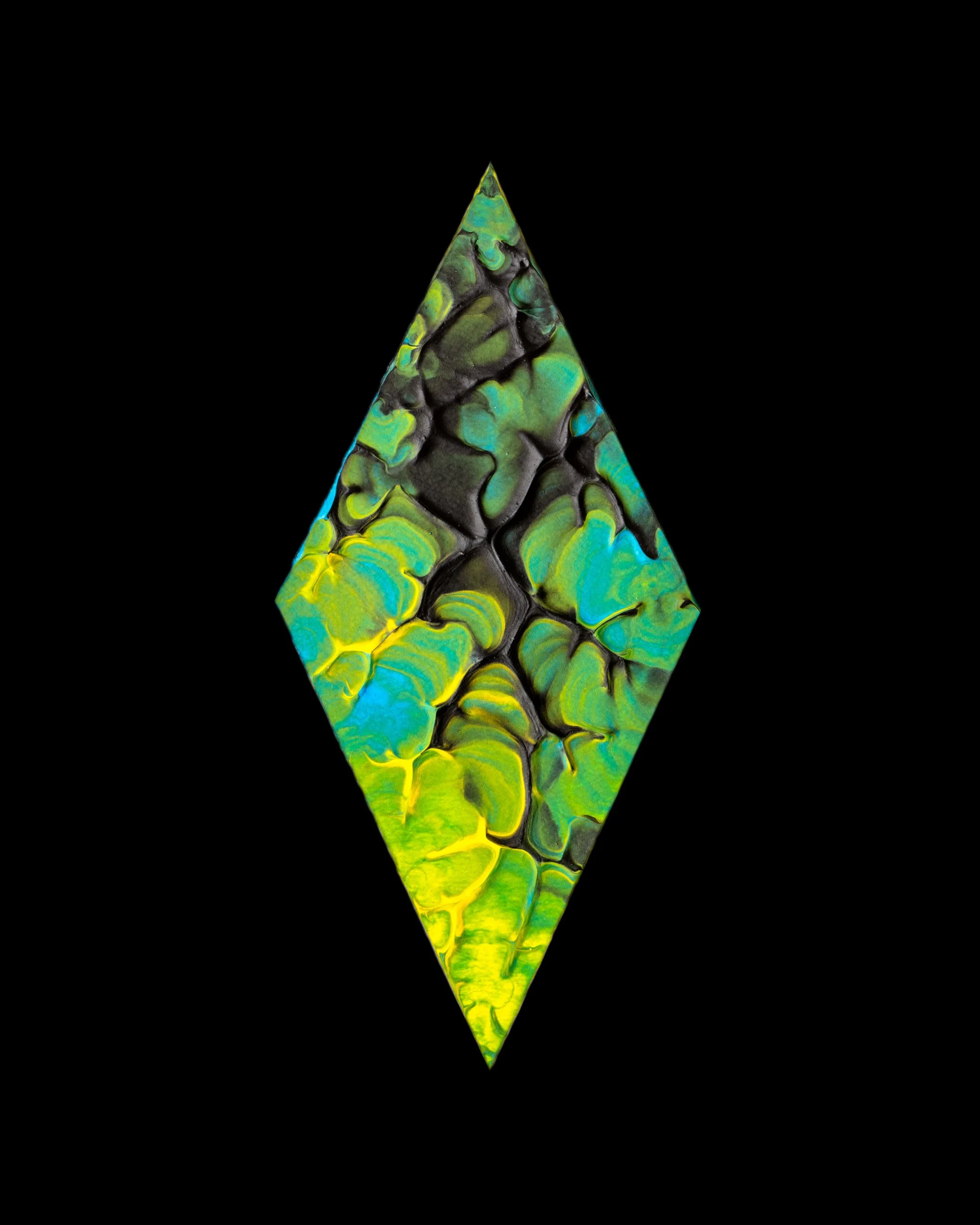 A vibrant, colorful art piece shaped like a diamond, featuring swirling green, blue, yellow, and black abstract patterns against a black background.