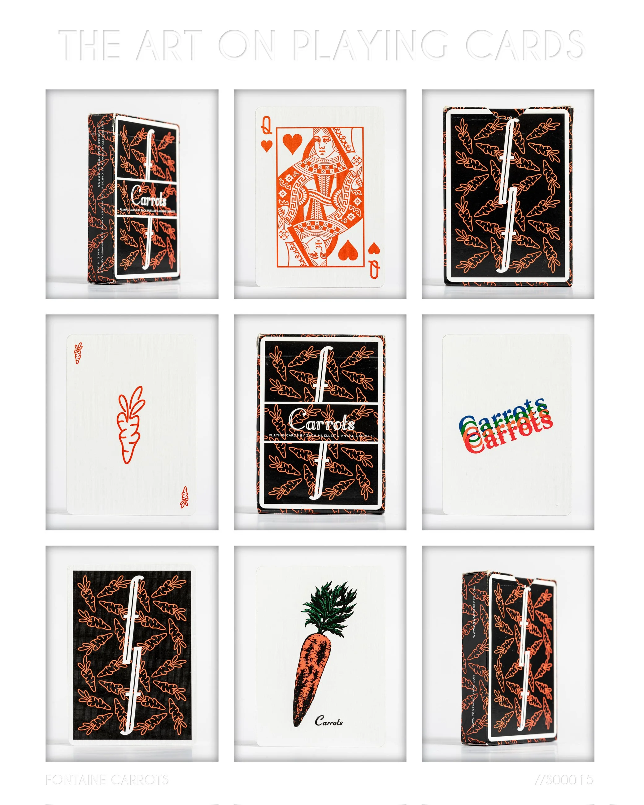 A collage of nine images featuring playing cards with carrot-themed designs and artwork, including the deck packaging, individual cards, and a colorful logo.
