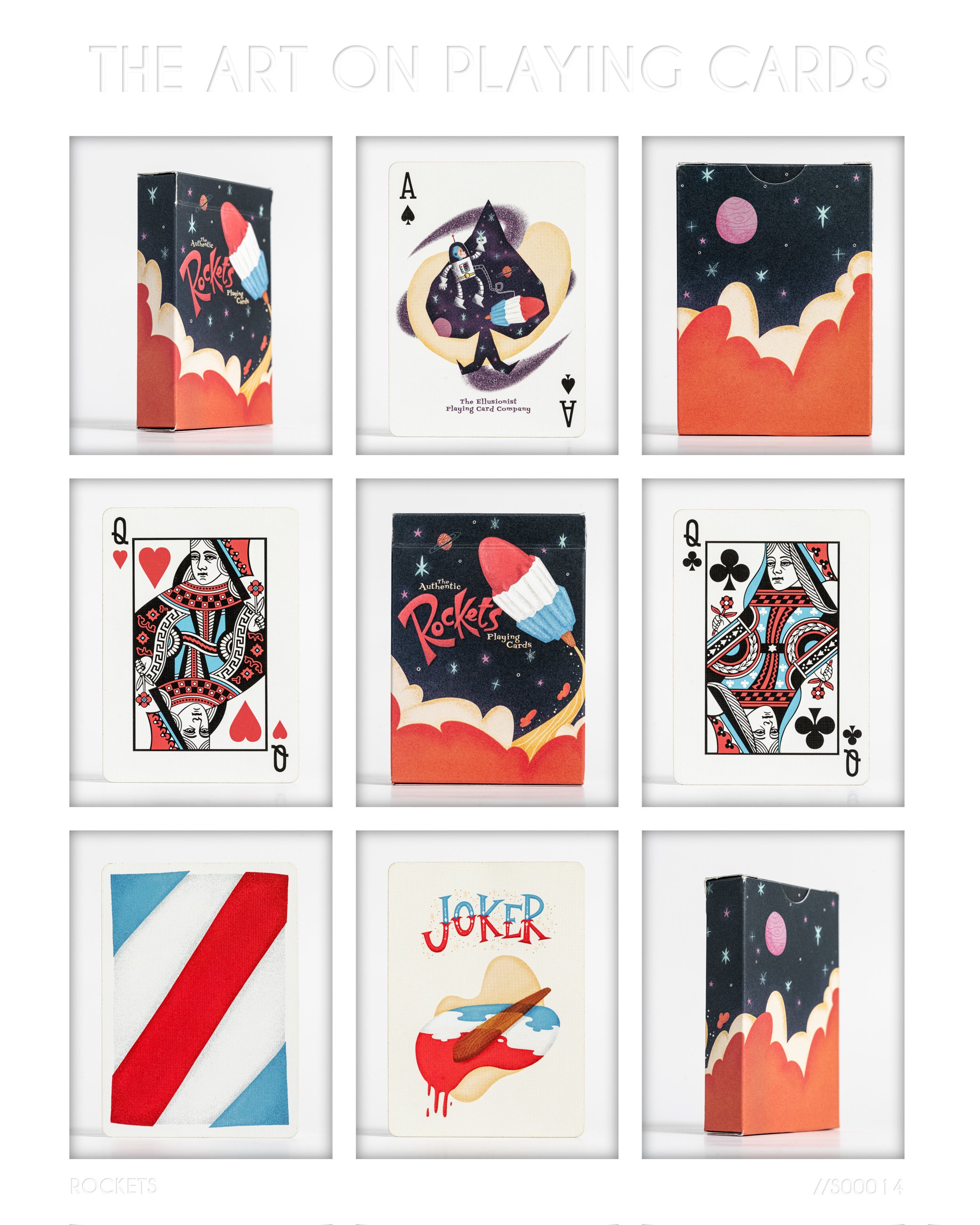 A layout of nine playing cards and box designs with space-themed rocket and planet graphics, featuring various cards including an Ace of Spades, Queen of Hearts, Queen of Clubs, and Joker, with colorful space and rocket illustrations.