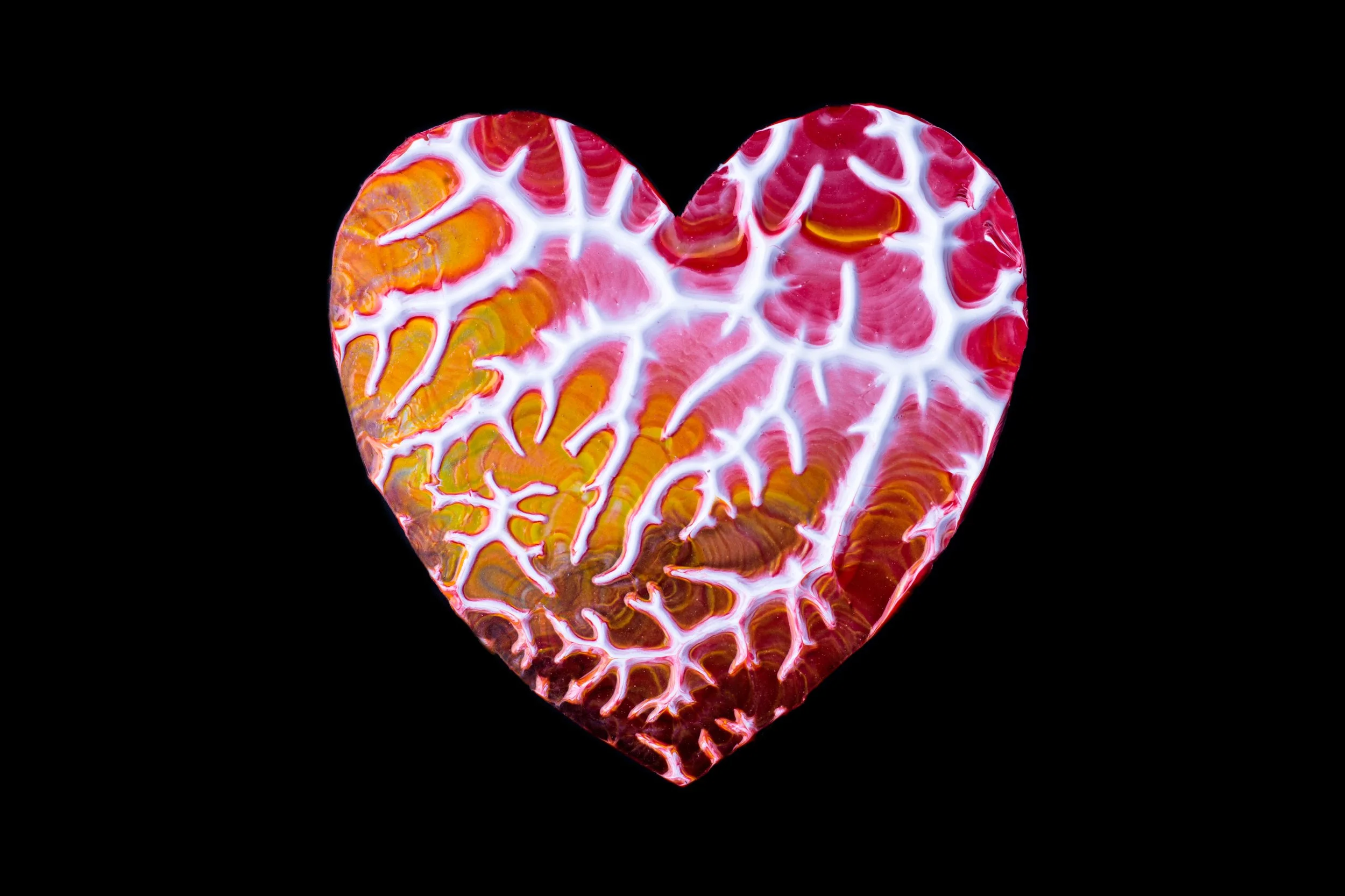 A colorful, textured heart-shaped object with intricate white veining set against a black background.