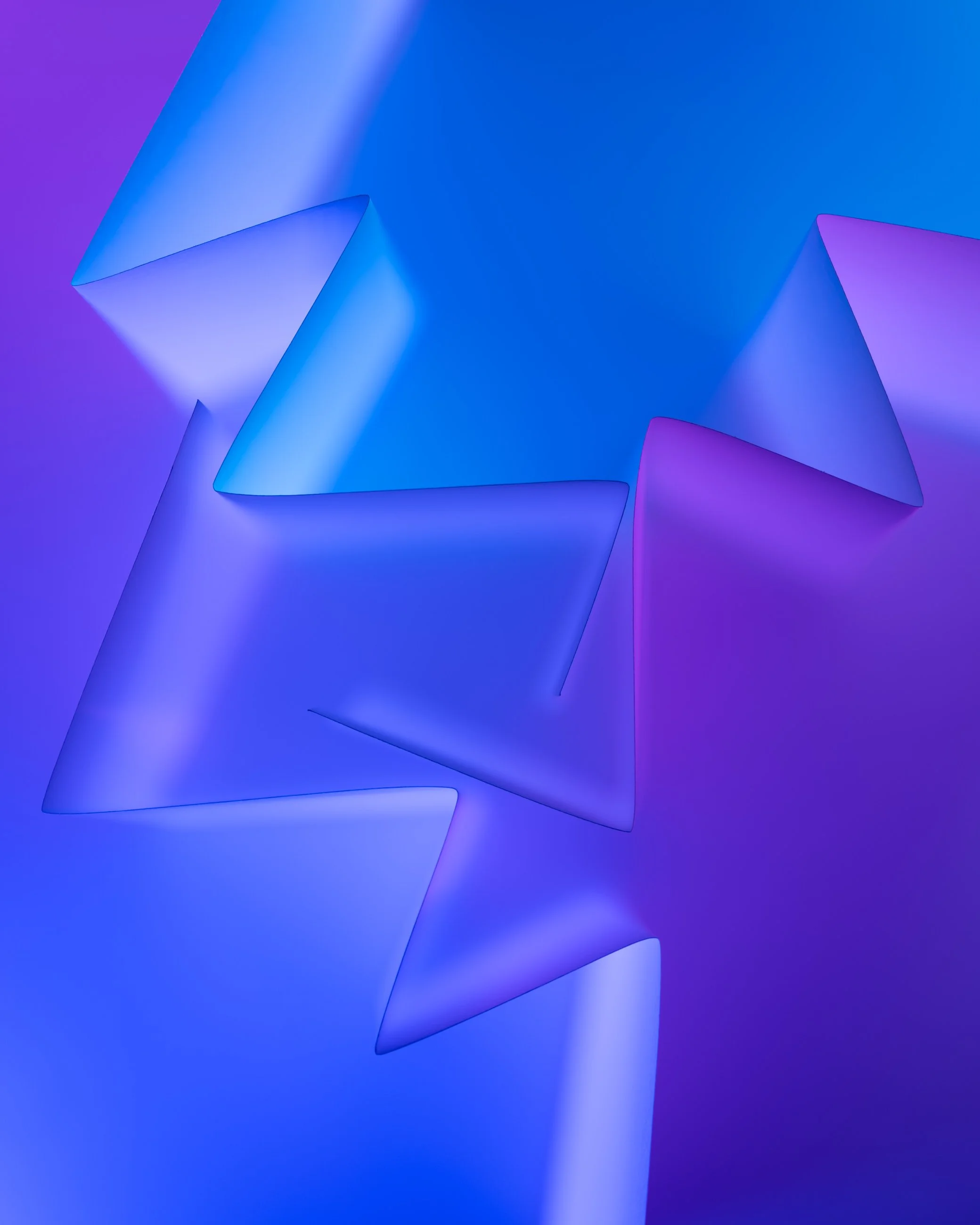 Abstract digital art featuring glowing, curved, geometric shapes in shades of blue and purple with a dark gradient background.