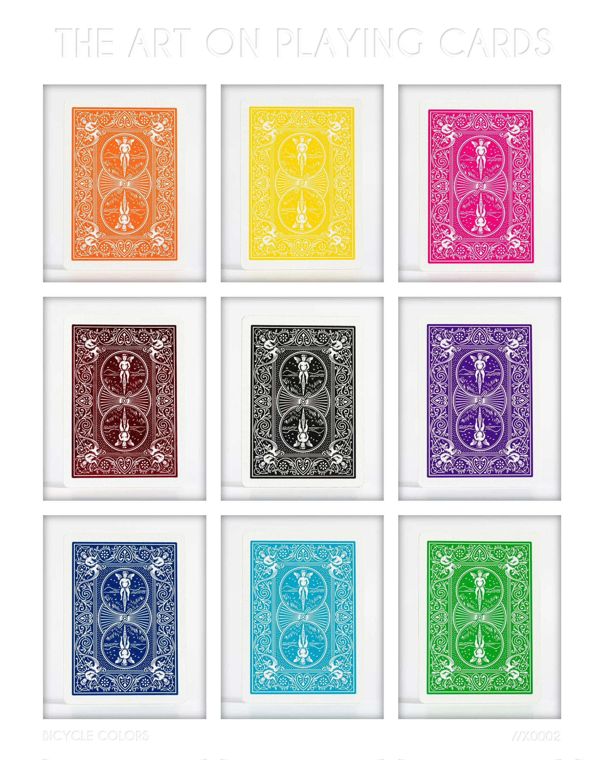 Arrangement of nine playing cards in a 3x3 grid, each with a different vibrant color: orange, yellow, pink, red, black, purple, blue, light blue, and green. The cards have intricate designs and patterns on their backs.