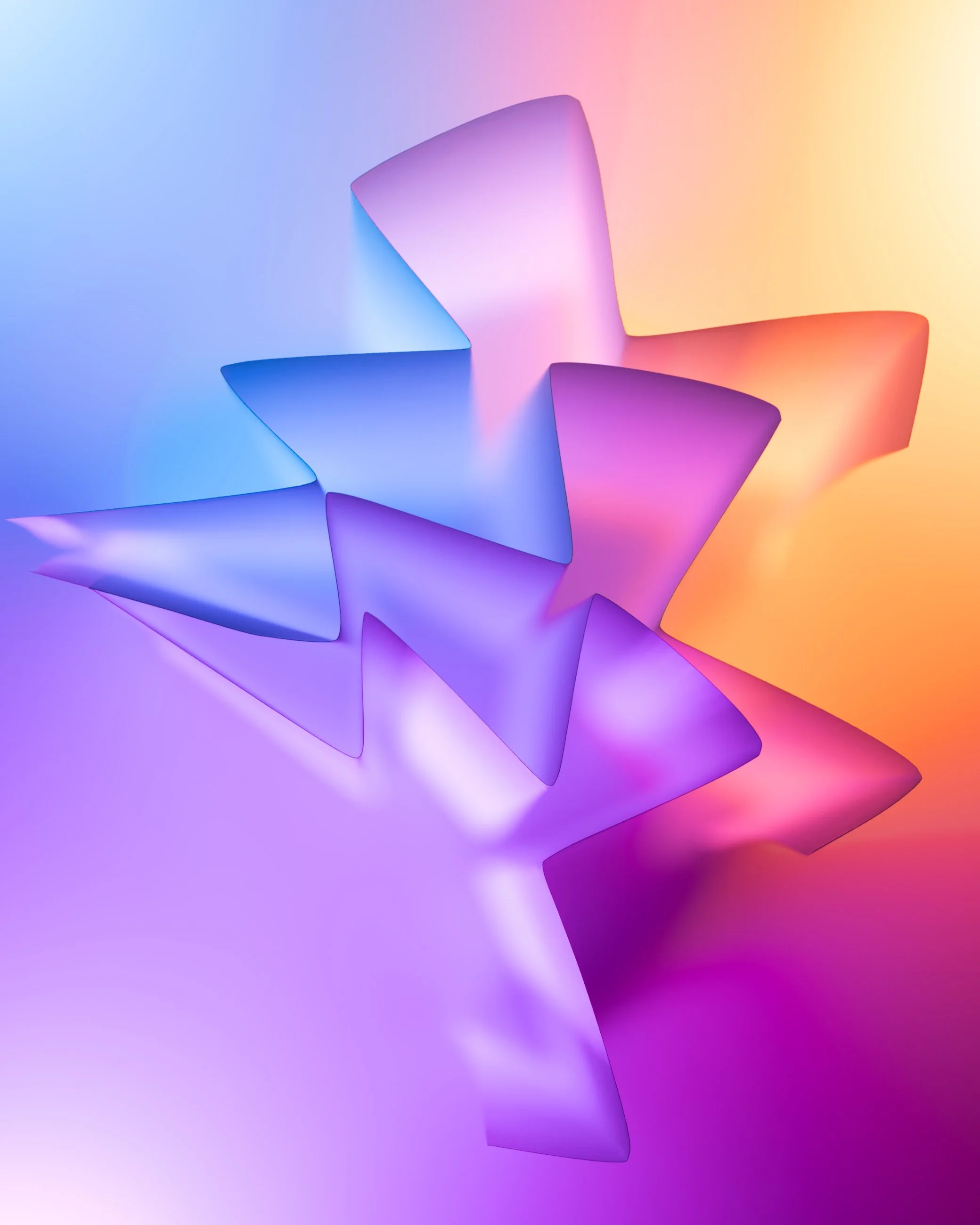 Abstract digital art with colorful, folded, three-dimensional shapes in pastel shades of purple, blue, pink, and orange with a gradient background.