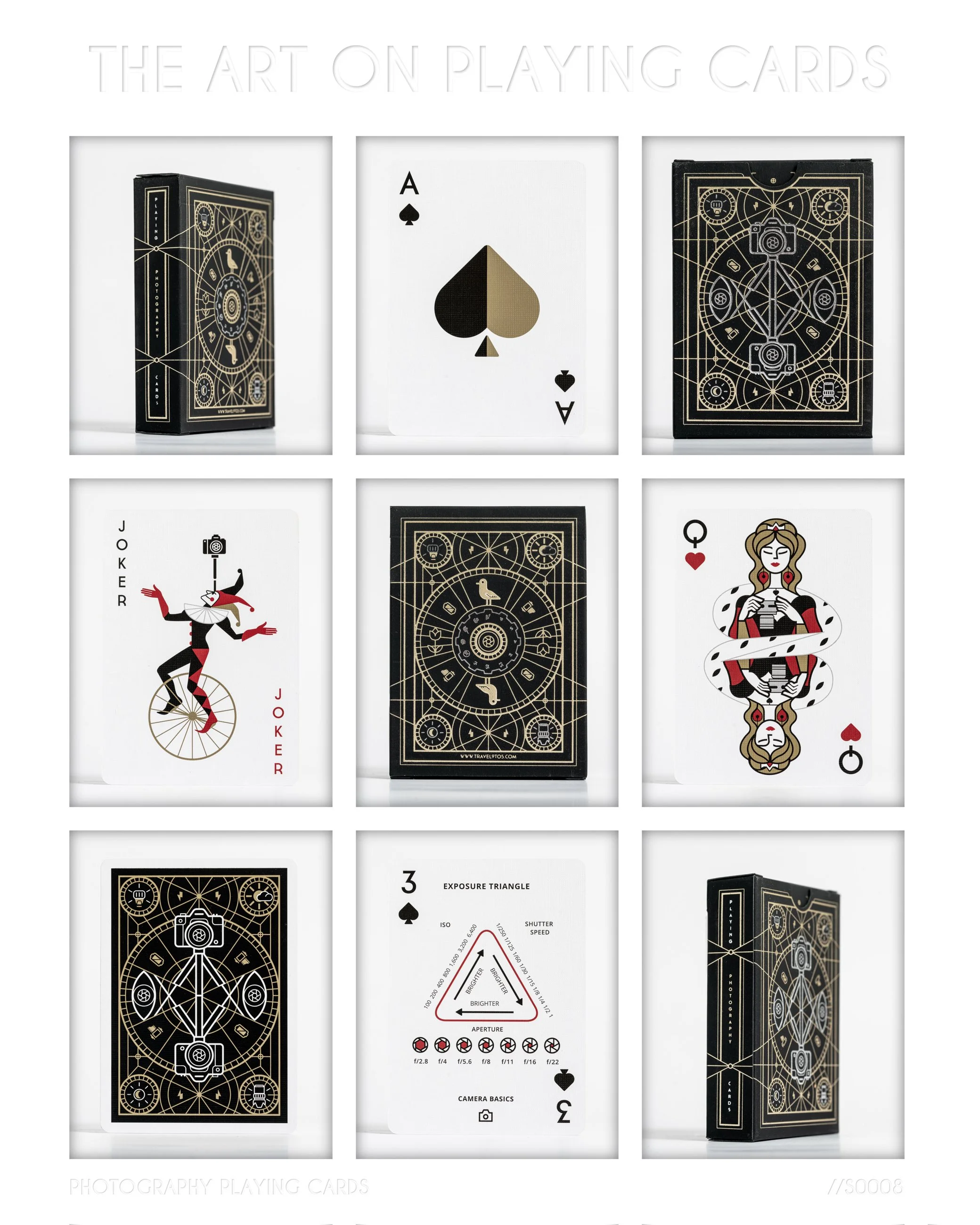 Collection of playing cards with black and gold designs, including an ace of spades, joker, queen of hearts, and a card with exposure triangle information.