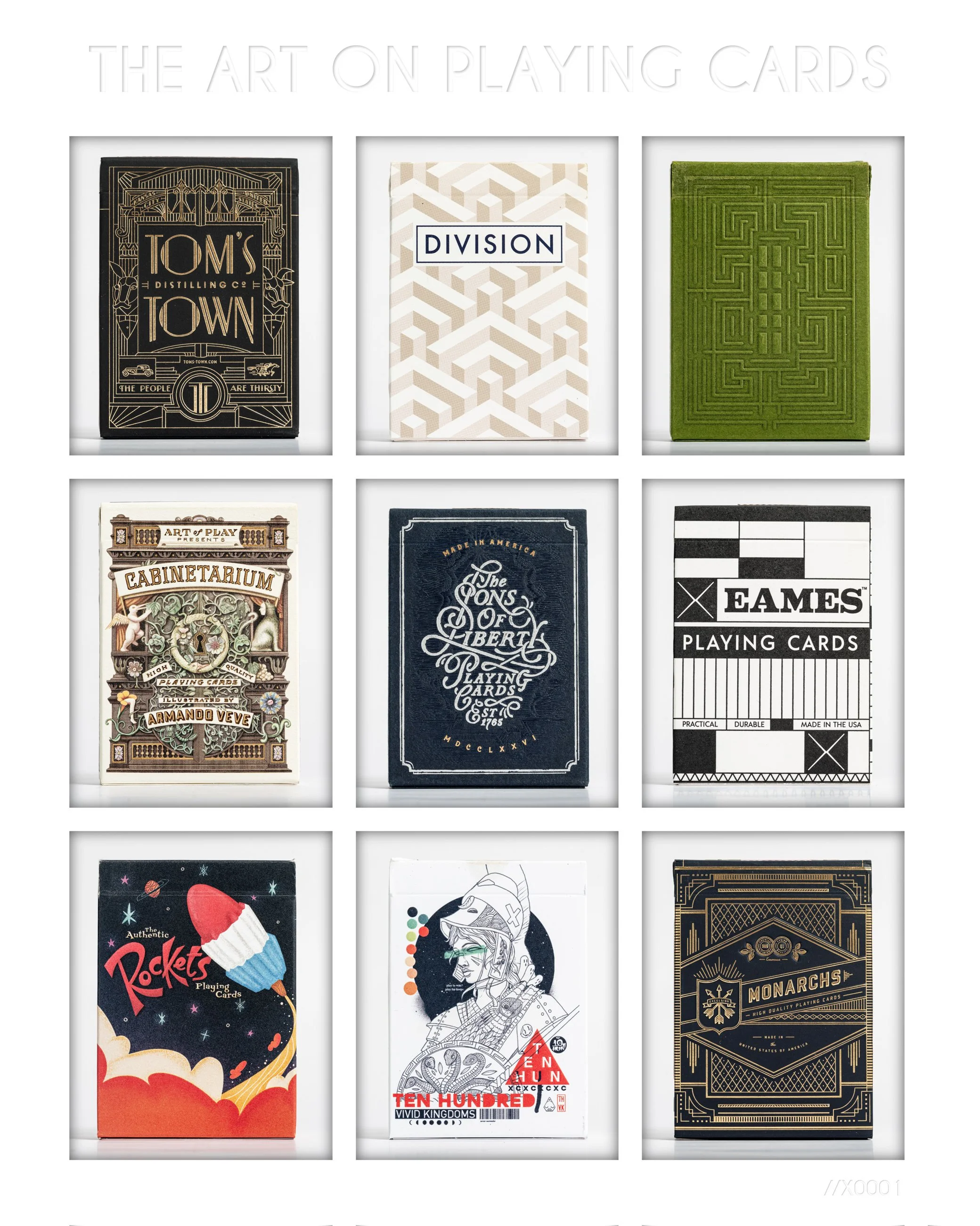 A collection of nine different playing card decks displayed in a 3x3 grid. The decks feature varied artistic designs and themes, including vintage, modern, and fantasy styles.
