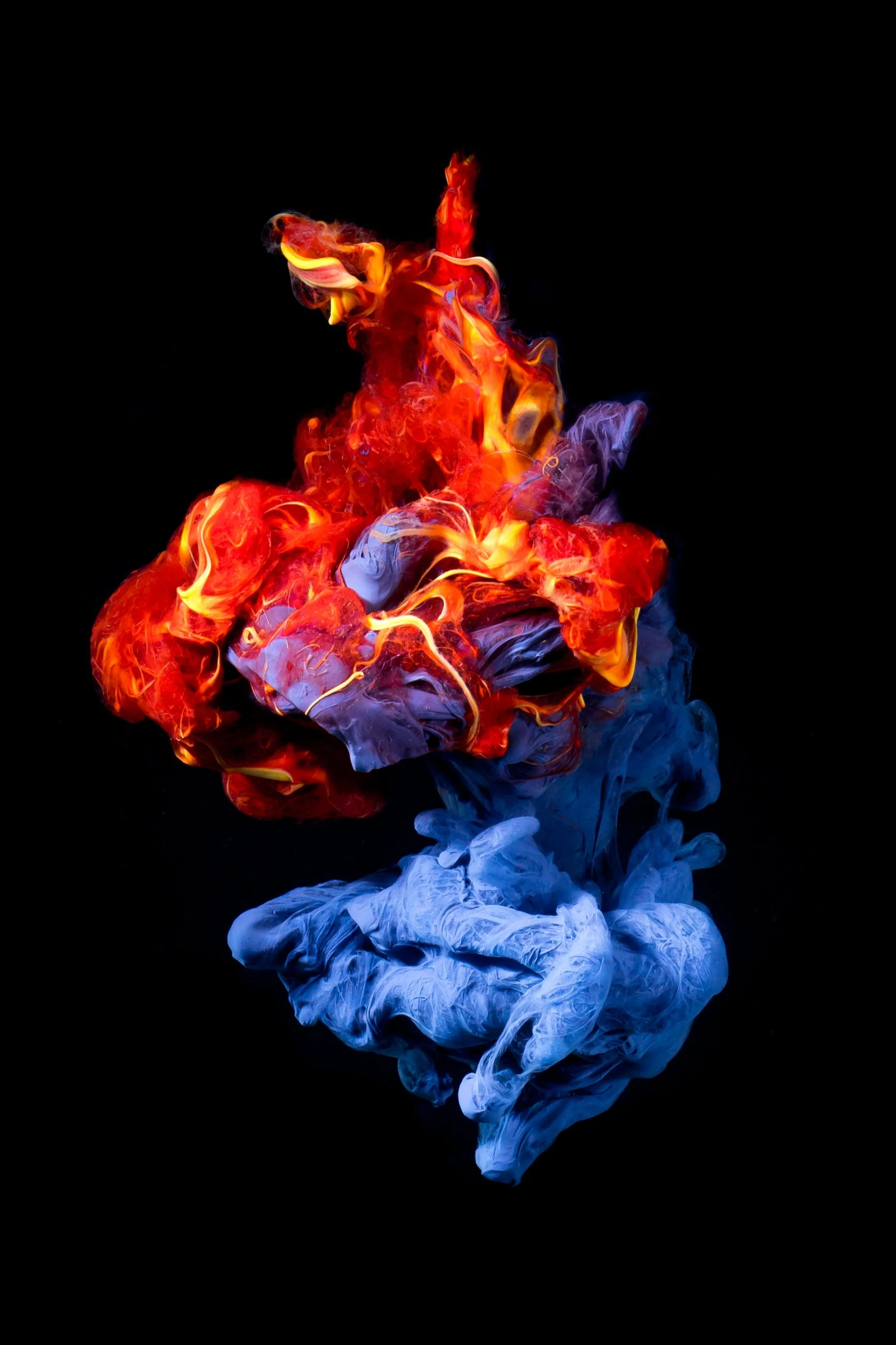 Colorful ink clouds in water, with vibrant reds, blues, and yellows on a black background.