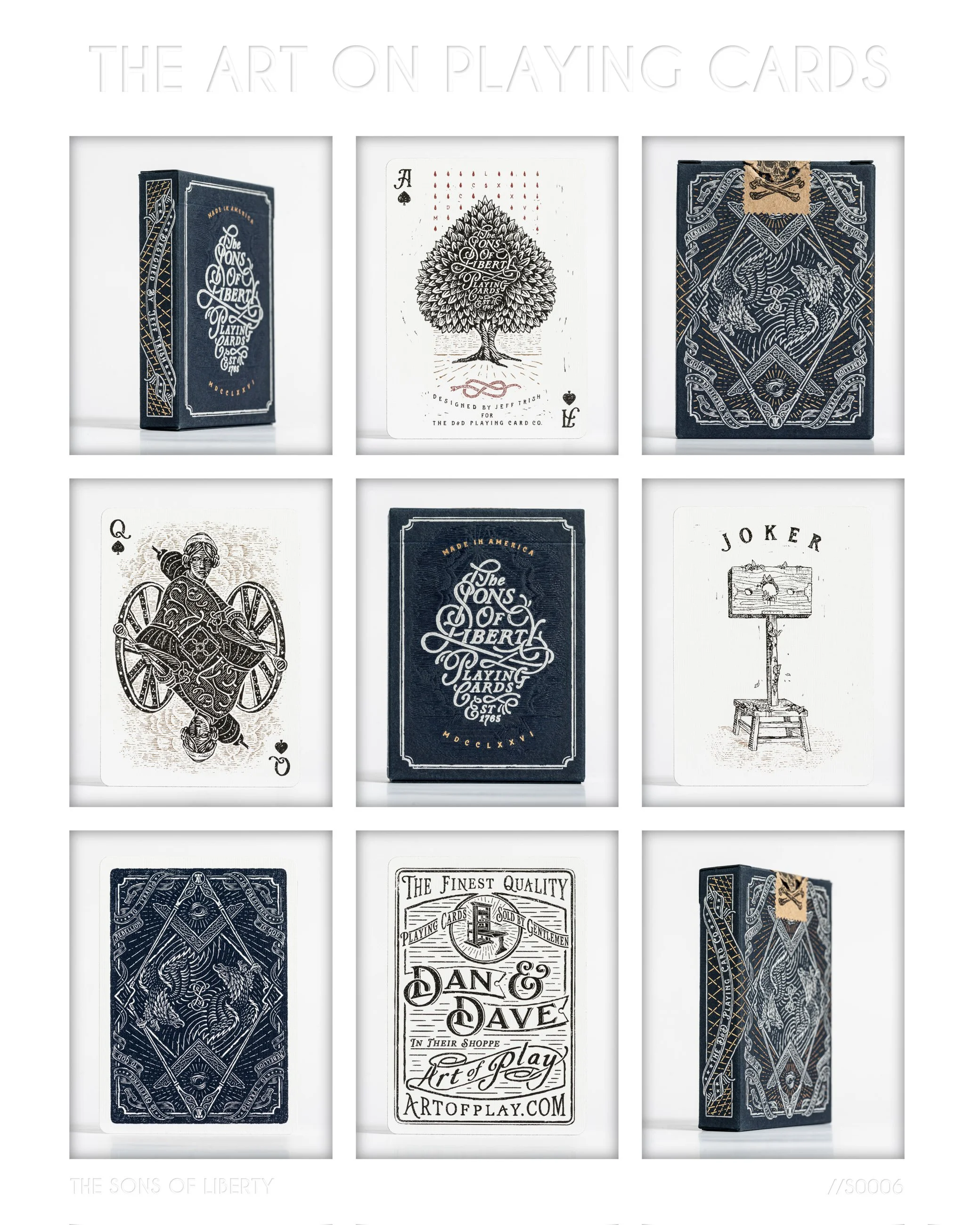 Collection of playing cards featuring artwork and branding from the Sons of Liberty Playing Cards, with some cards showing face designs such as the queen of spades and joker, and others displaying back designs with intricate patterns.