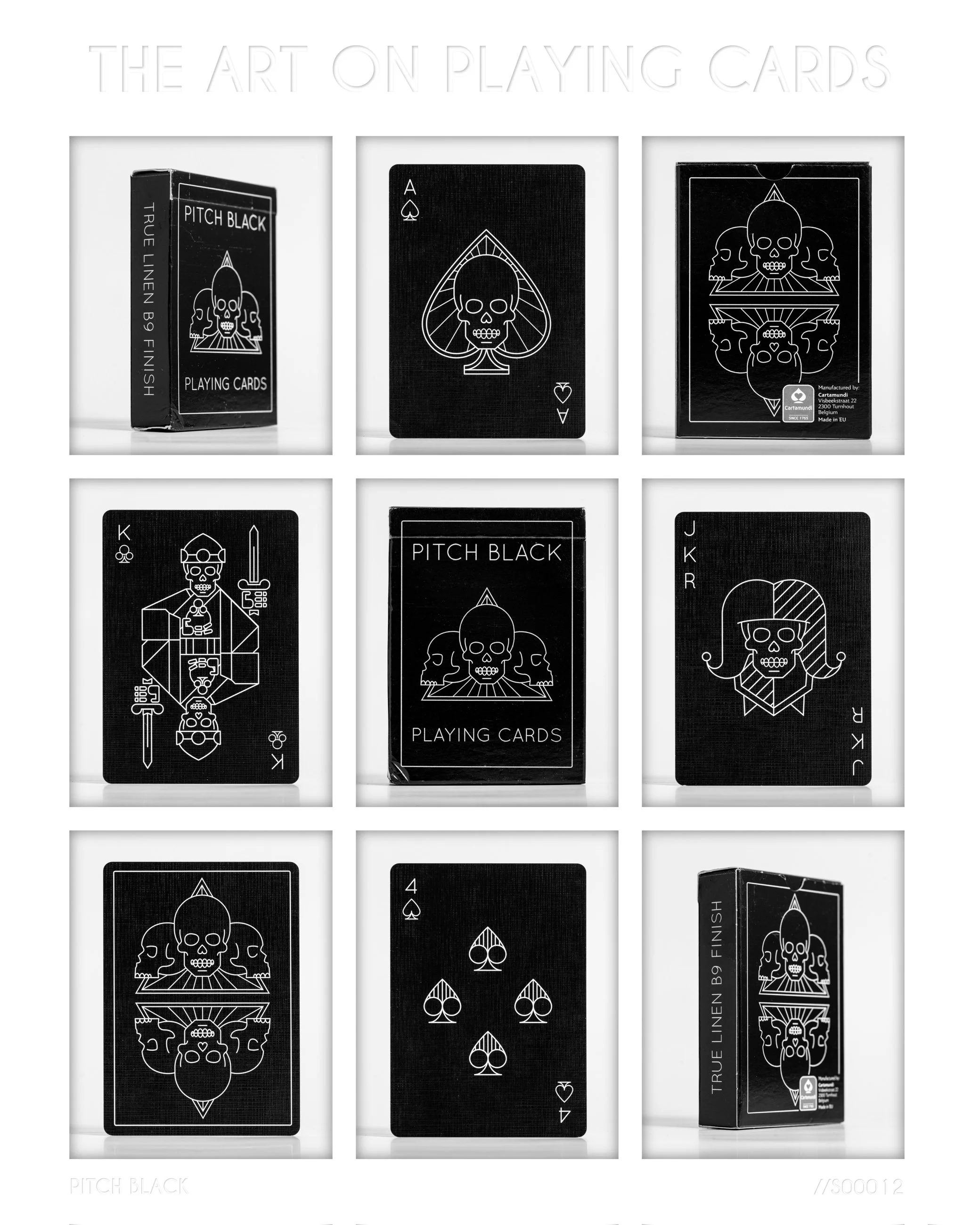 Black and white playing card deck with skull and skeleton designs, featuring card face and back images, including ace of spades, king of clubs, jack of clubs, and four of spades.