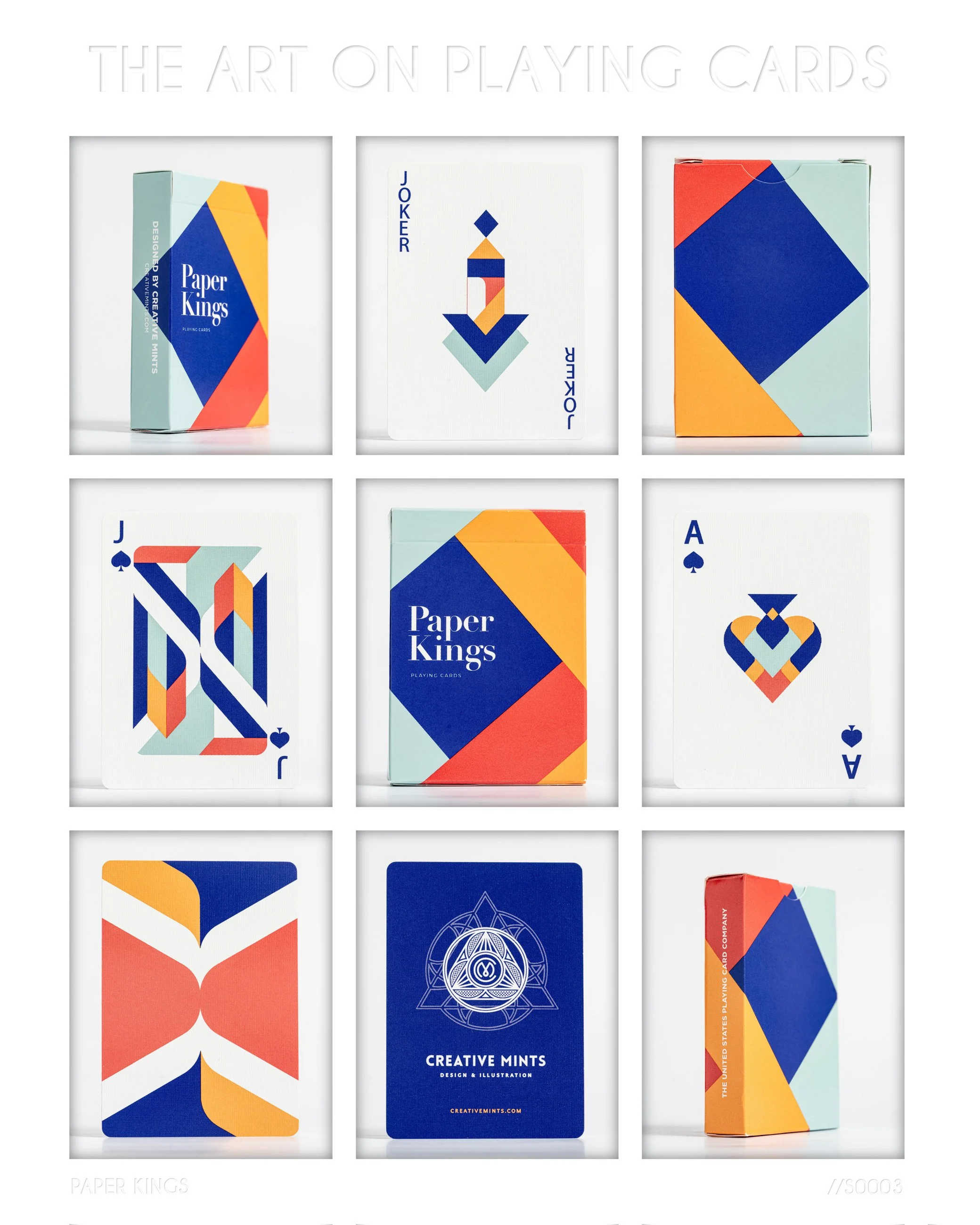 A collection of playing cards from Paper Kings with geometric, colorful designs, shown both face up and in packaging.