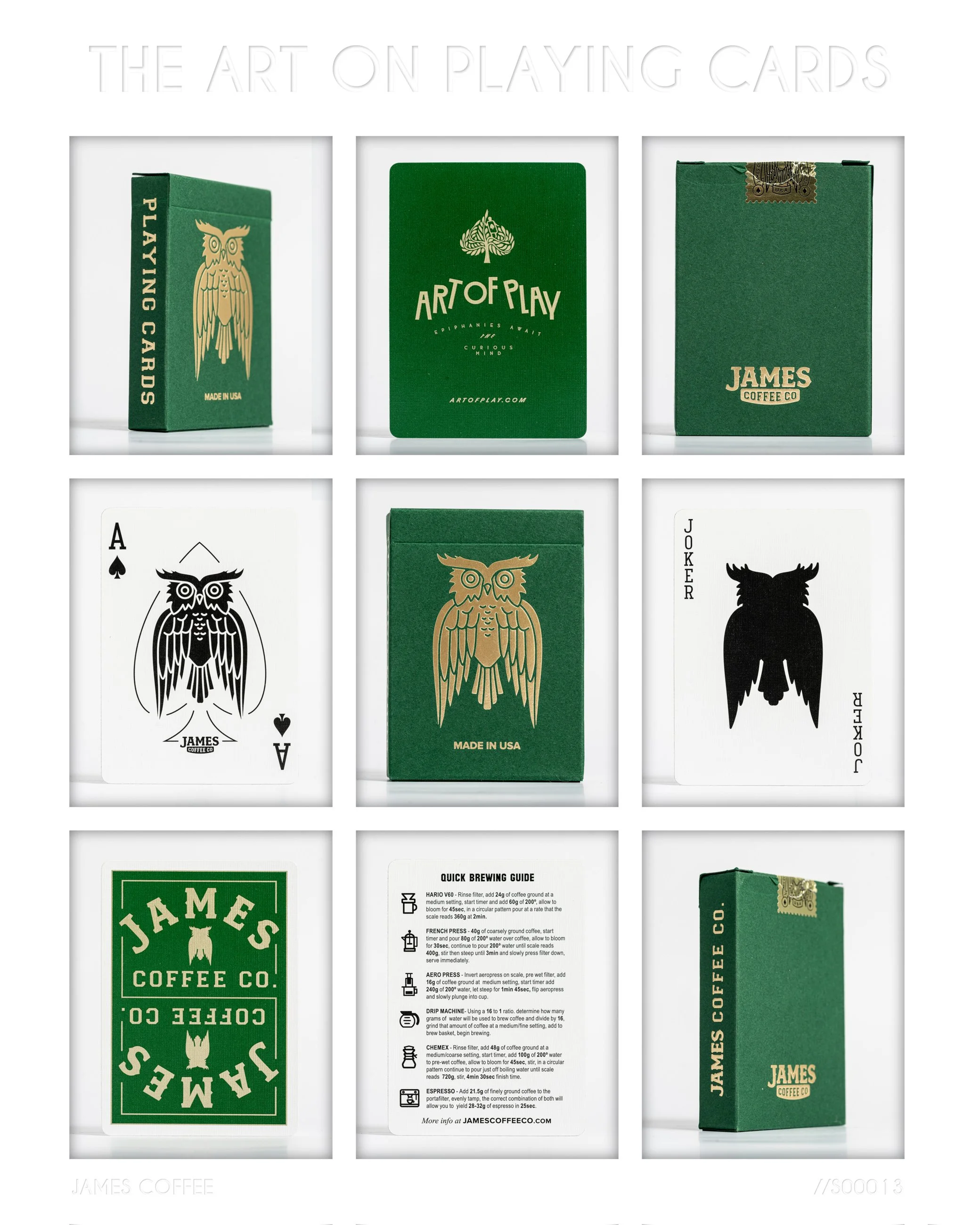 Green playing cards and packaging for James Coffee Co., featuring an owl logo, with the cards showing a black and white owl Ace and a joker in black silhouette, along with a brewing guide.