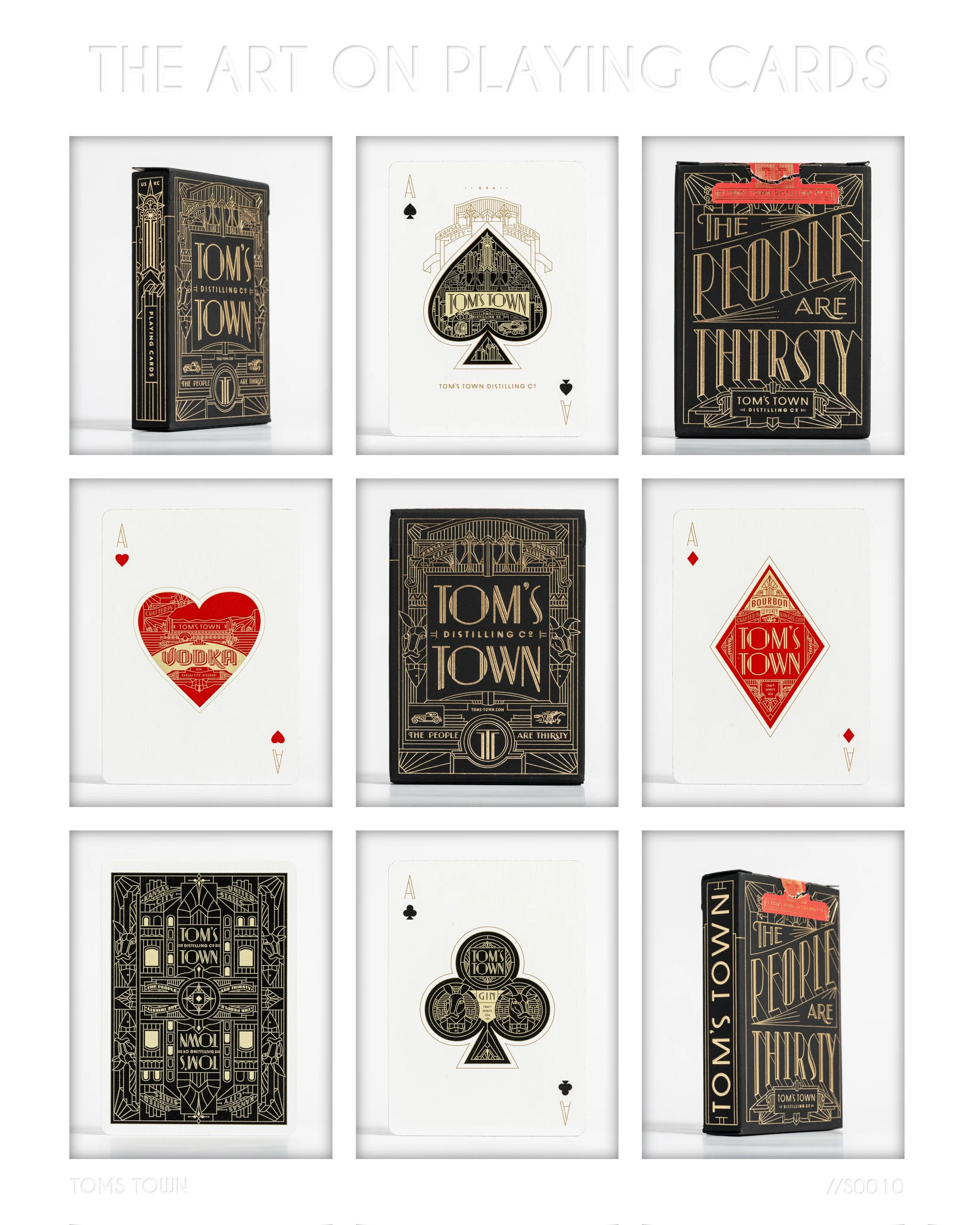 Set of playing cards with black and gold art, including Ace hearts, Ace diamonds, Ace clubs, and Ace spades, with intricate designs and branding for Tom's Town.