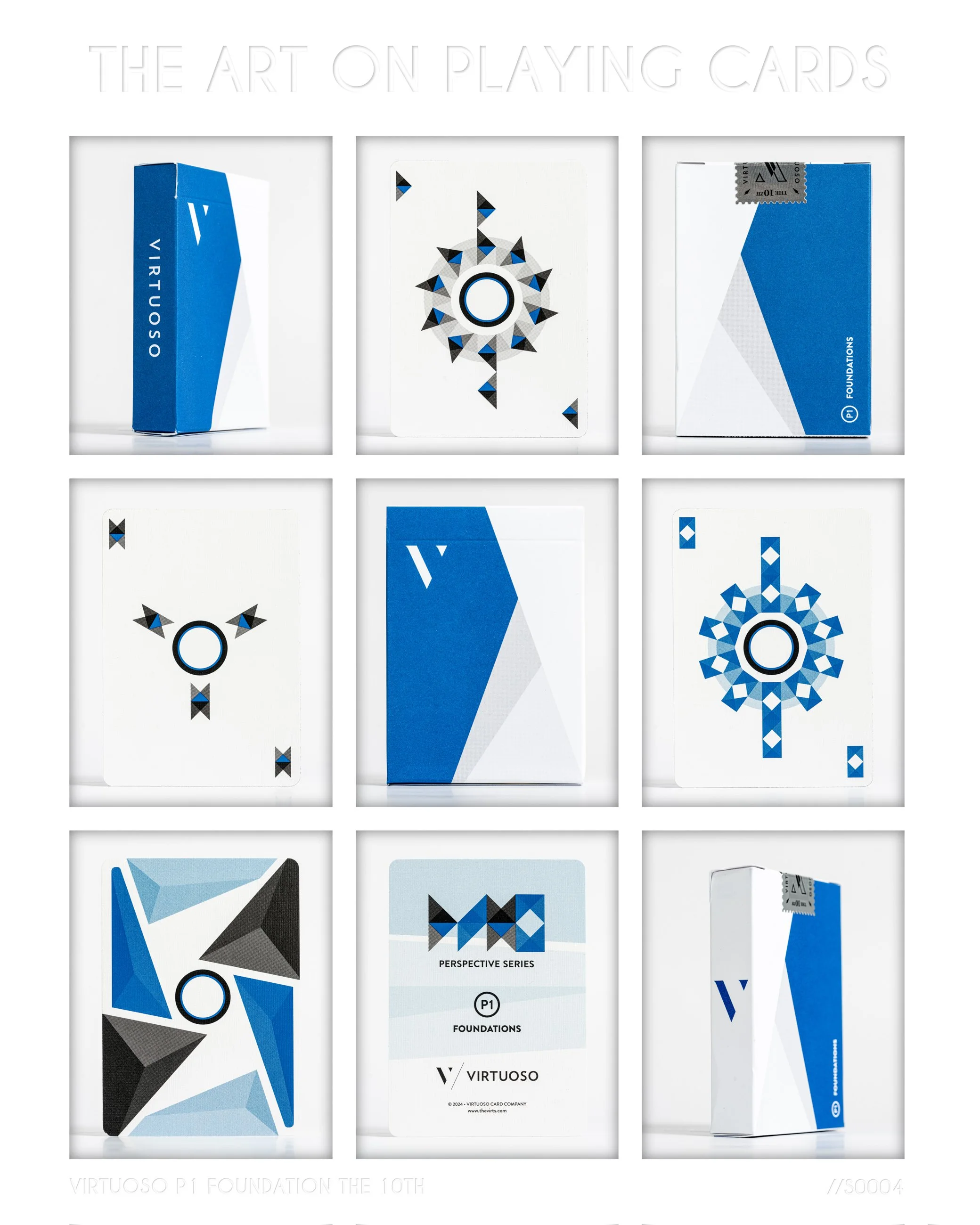 A collage of nine images displaying a deck of Virtuoso P1 Foundation playing cards with geometric blue, black, and white designs.