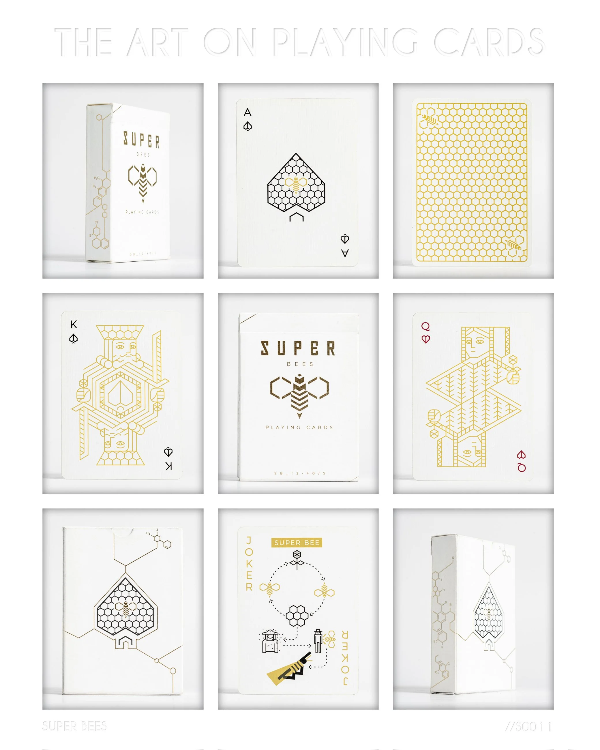 Photo of a card deck named 'Super Bees' with bees and honeycomb illustrations on the packaging and cards.