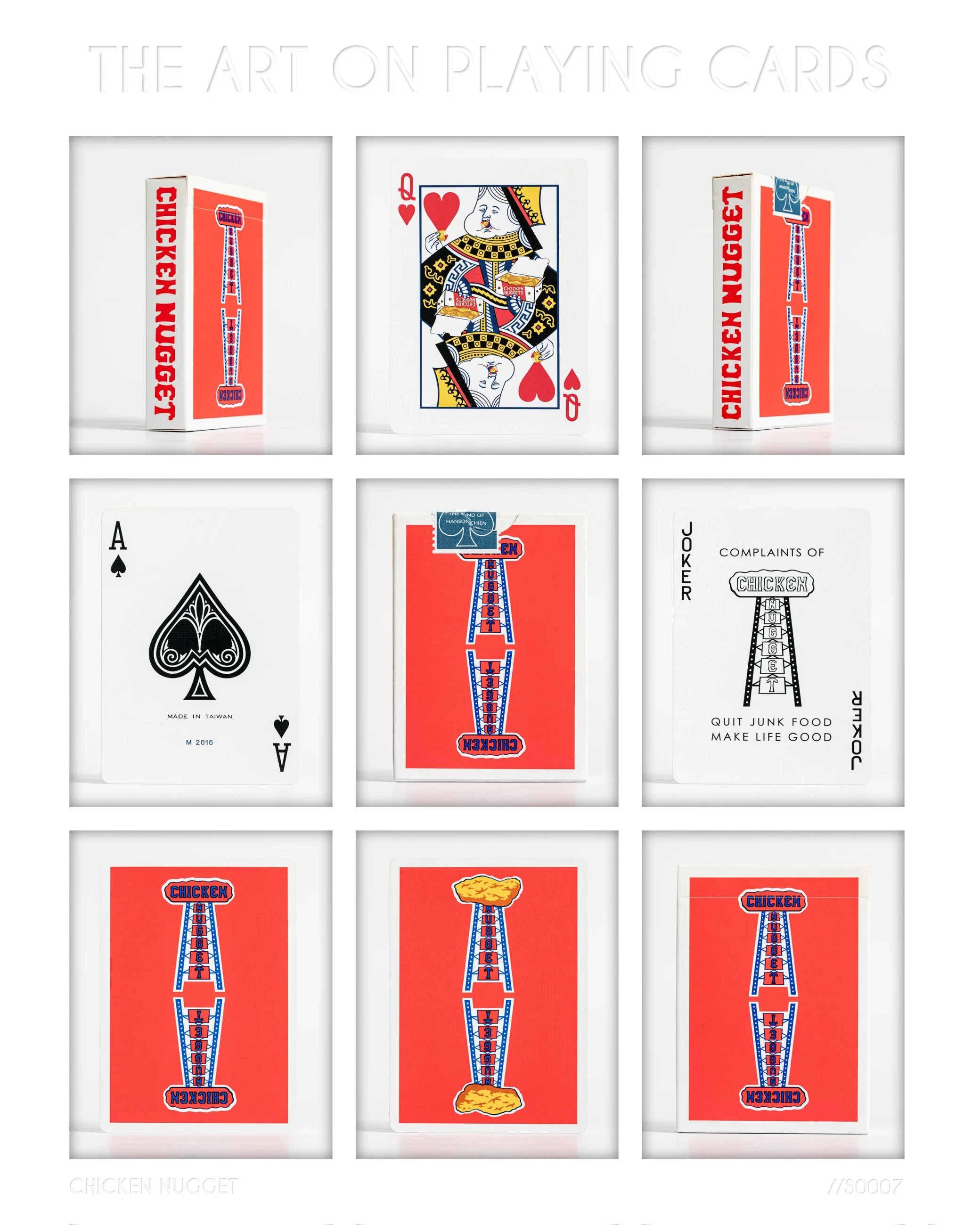 A collection of playing cards and themed boxes with chicken nugget imagery and humorous messages about quitting junk food.