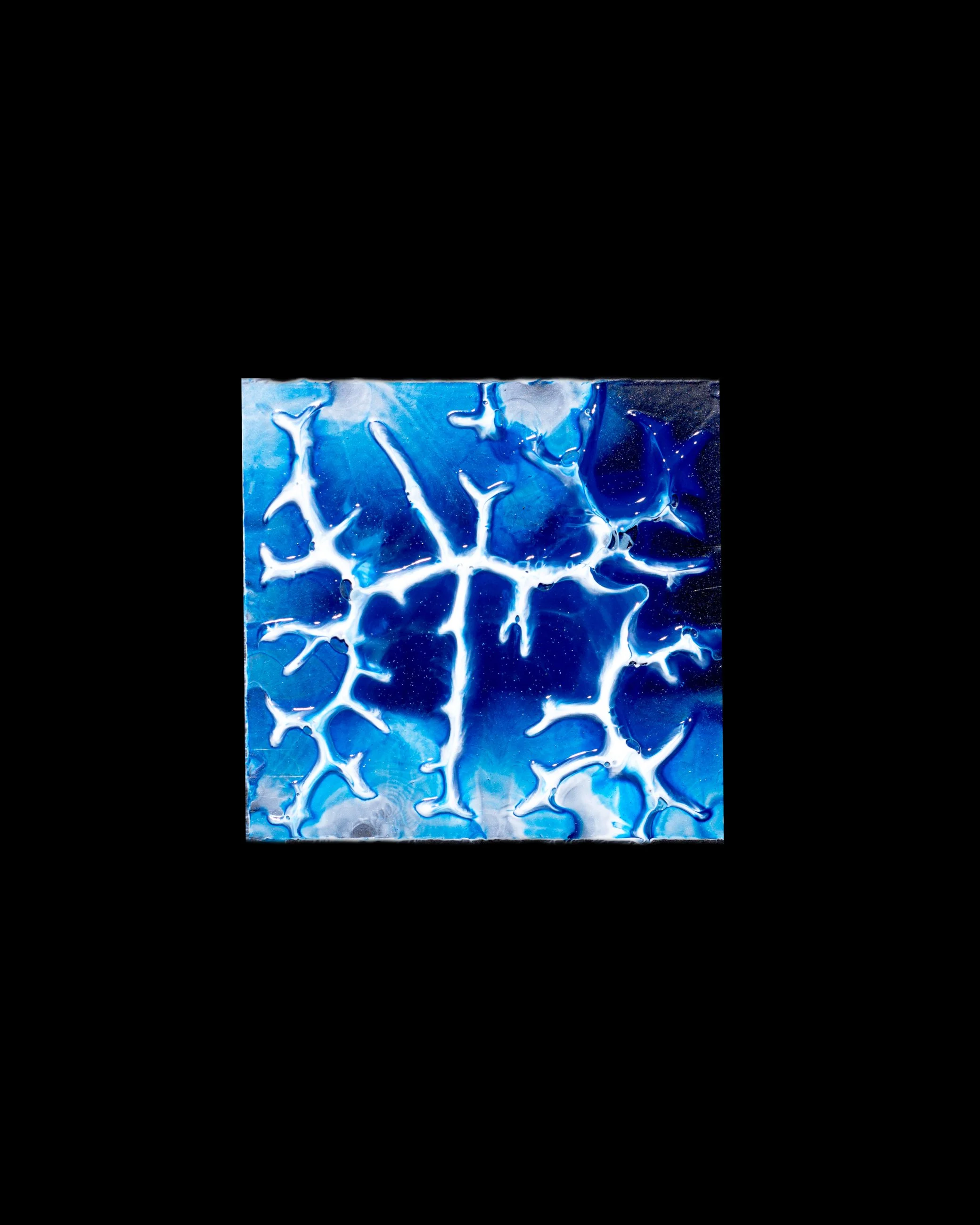 Abstract artwork featuring blue and white lightning-like patterns on a square canvas