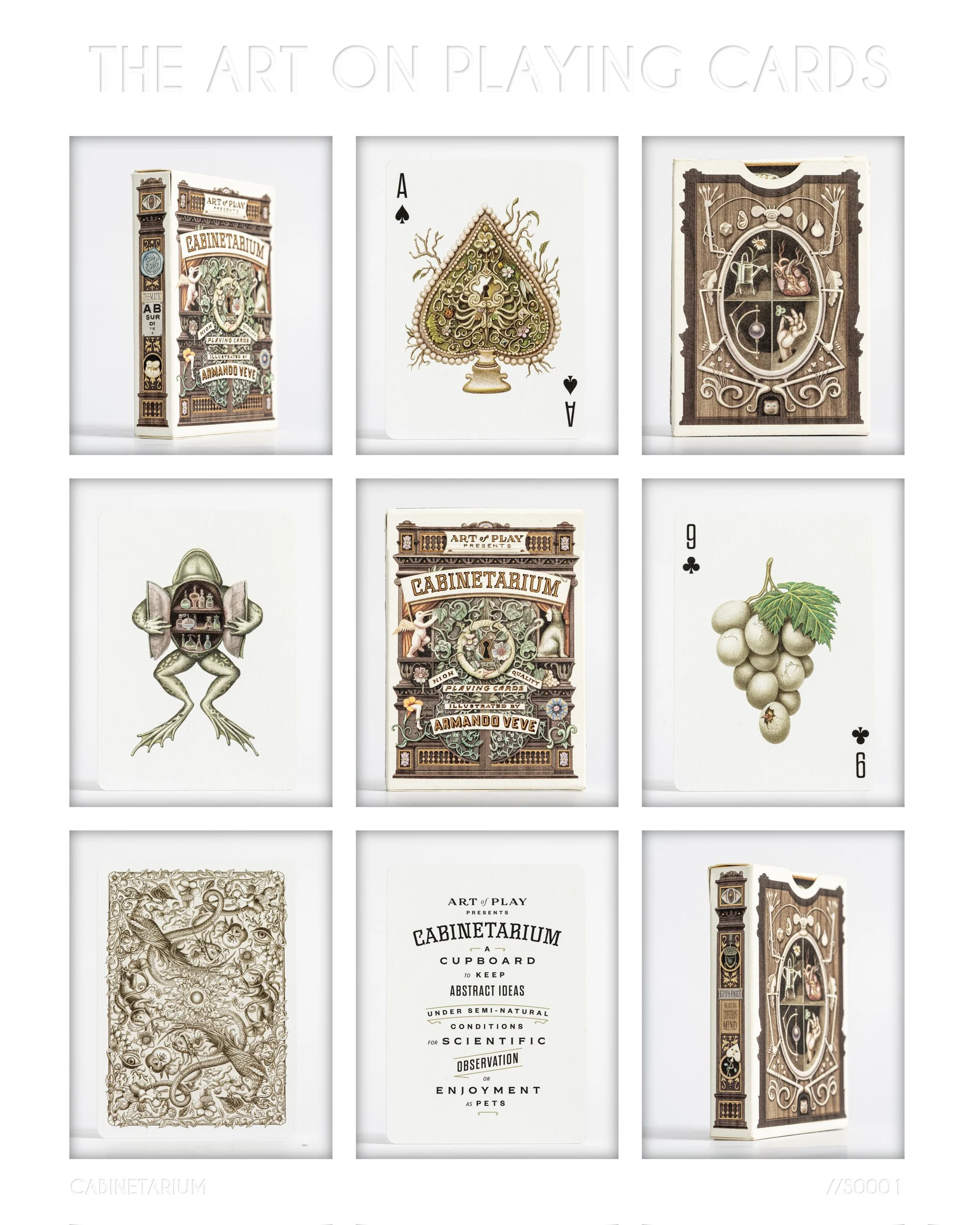 Photograph of a box of playing cards titled 'Cabinetarium' by Art of Play, featuring intricate, ornate designs and illustrations.