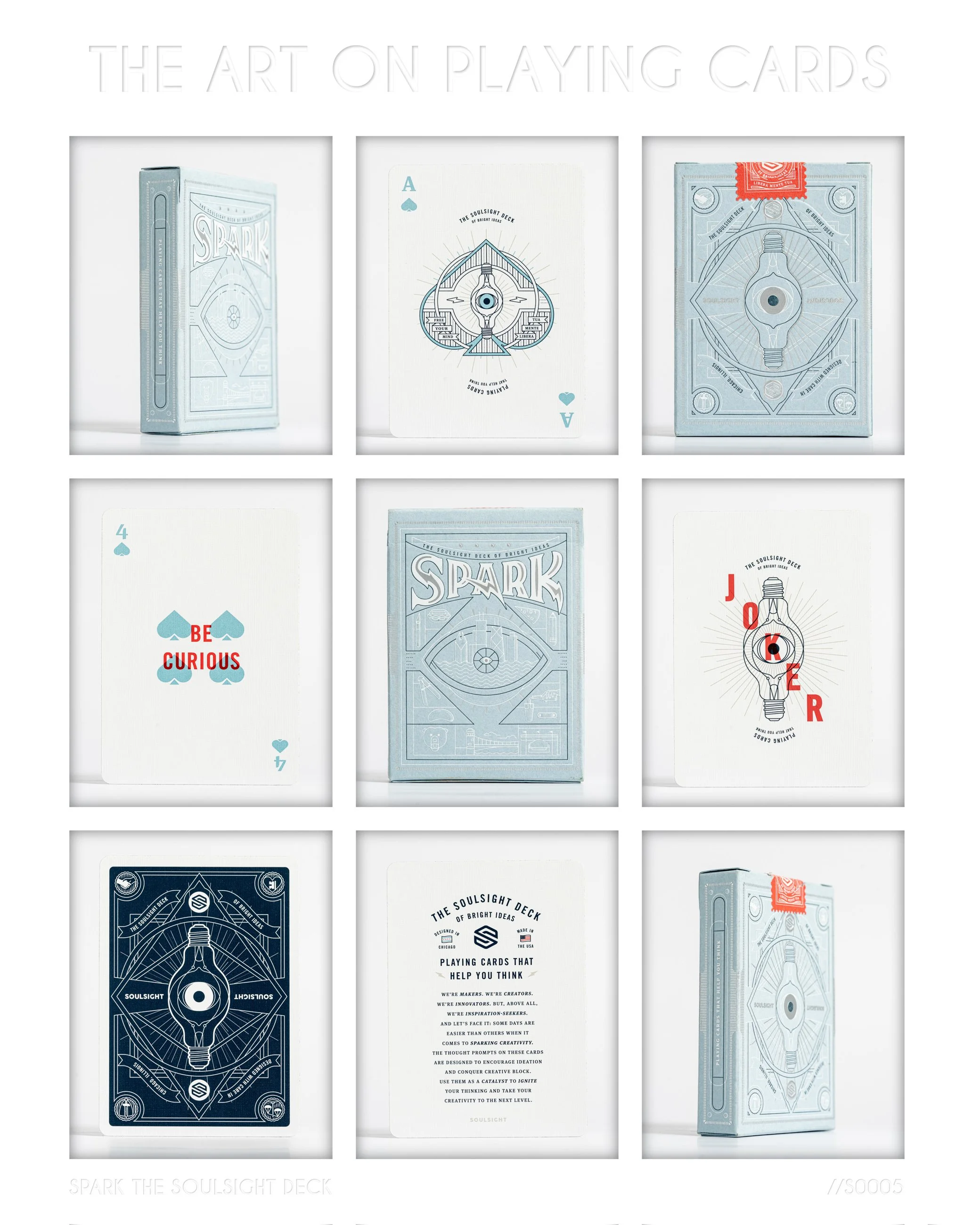 Set of playing cards called Spark, featuring blue and white designs, with some cards displaying inspirational messages and illustrations of a lightbulb.