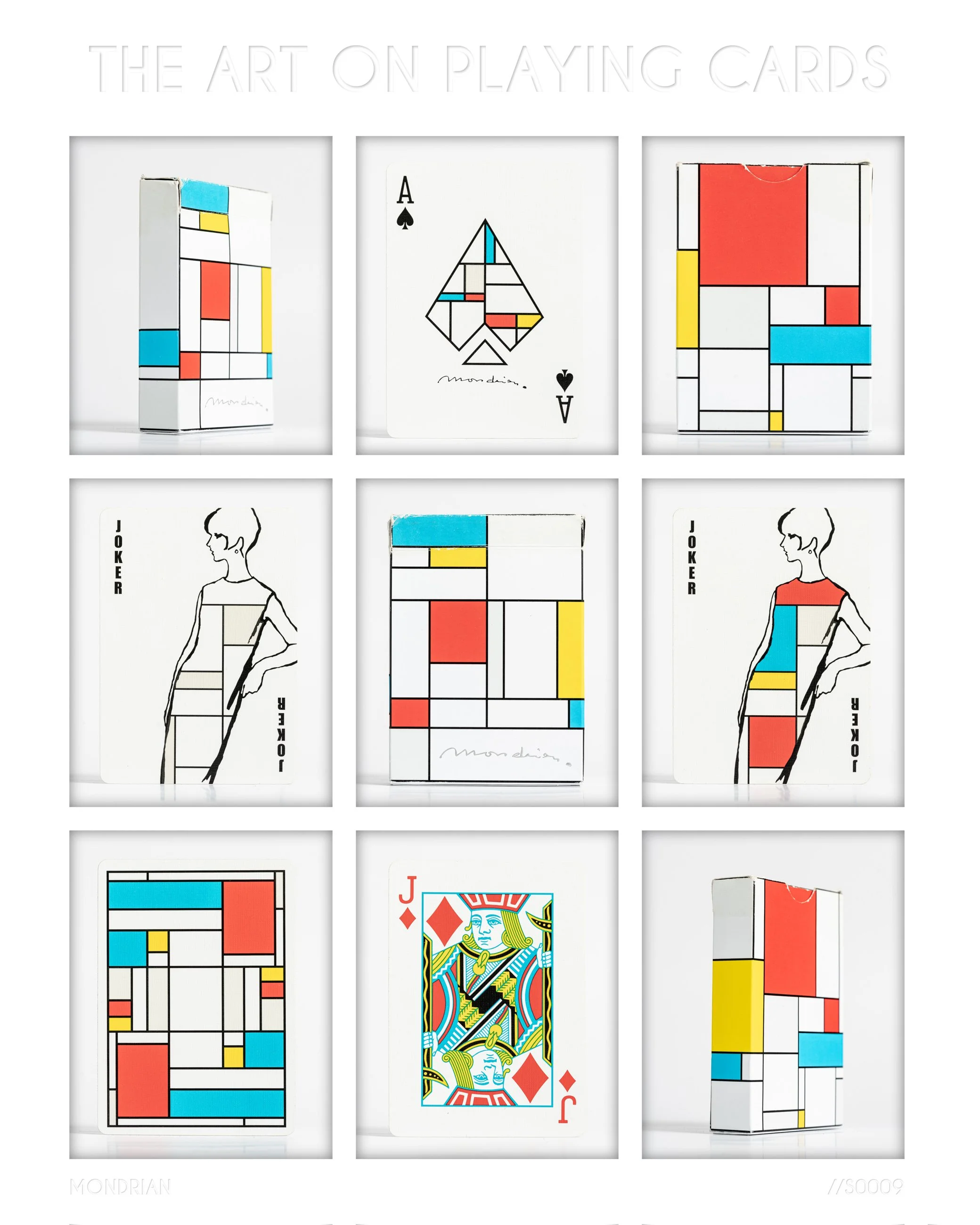 Set of playing cards and abstract art inspired by Mondrian, arranged in a grid.