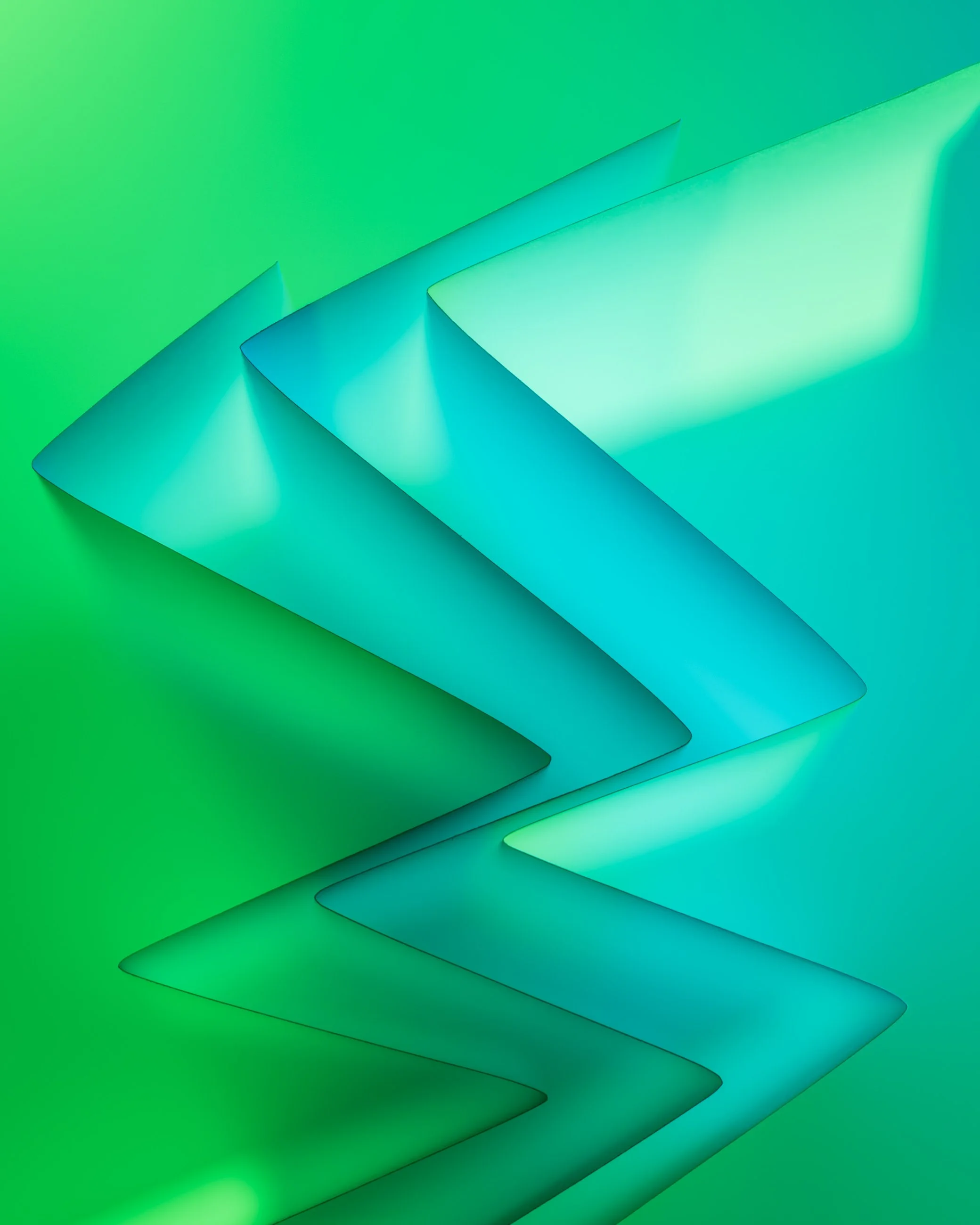 Abstract digital art with teal and green geometric shapes layered with shadows.