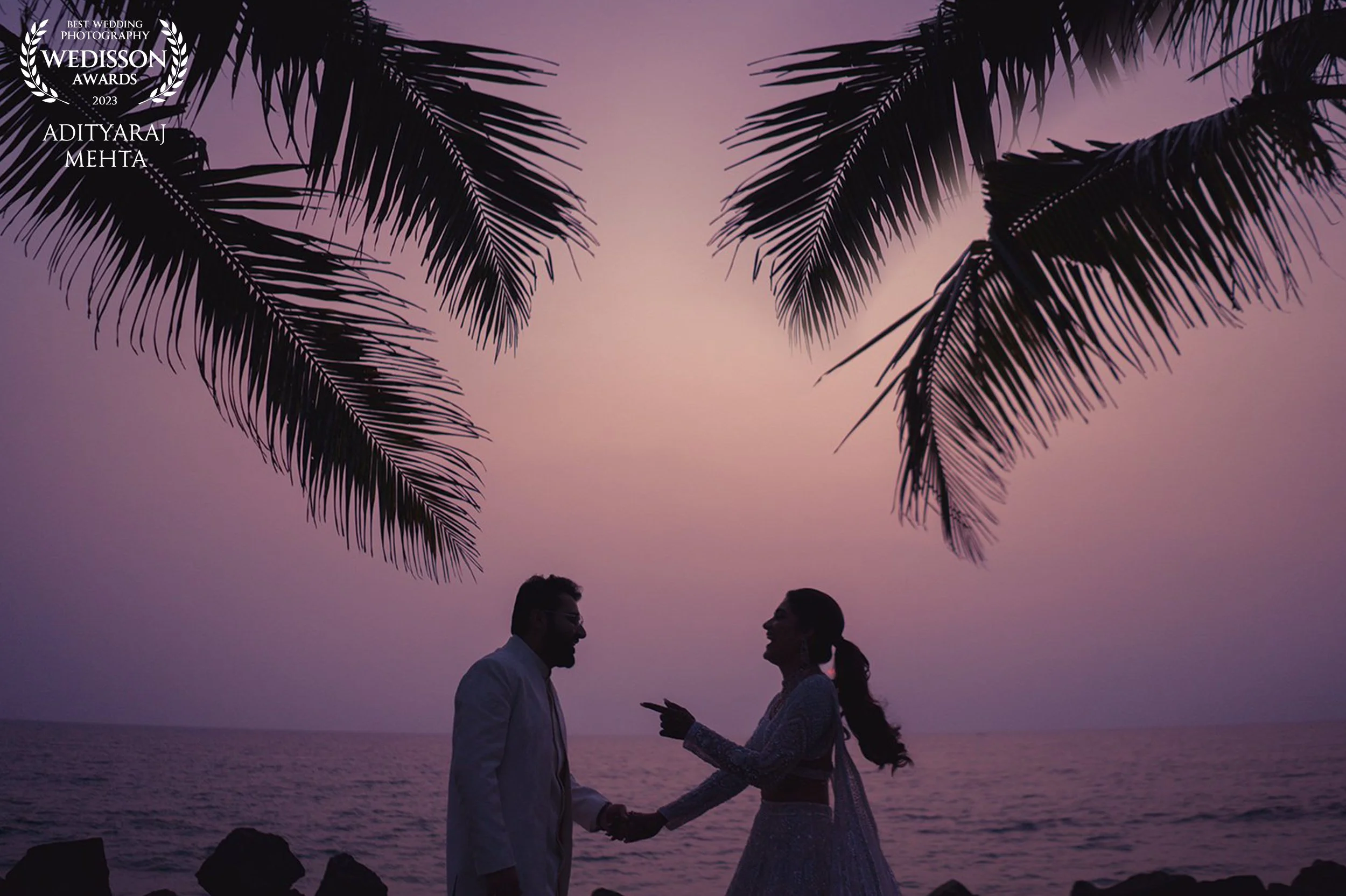 Silhouettes of a couple holding hands and facing each other at sunset by the sea with palm tree fronds overhead.